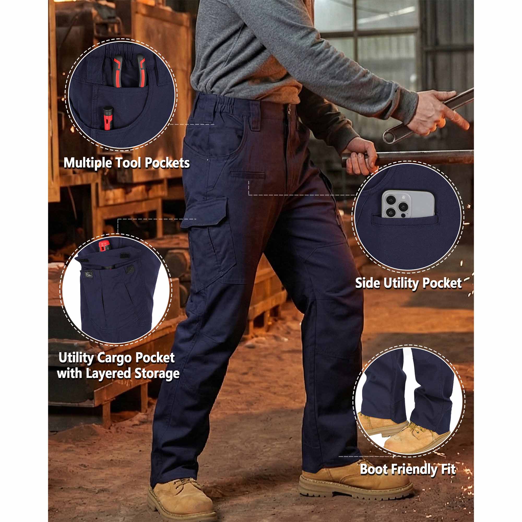 8.5OZ Cargo Pockets Dura-Stretch Rip-Stop Soft Canvas FR Reinforced Work Pants-8432