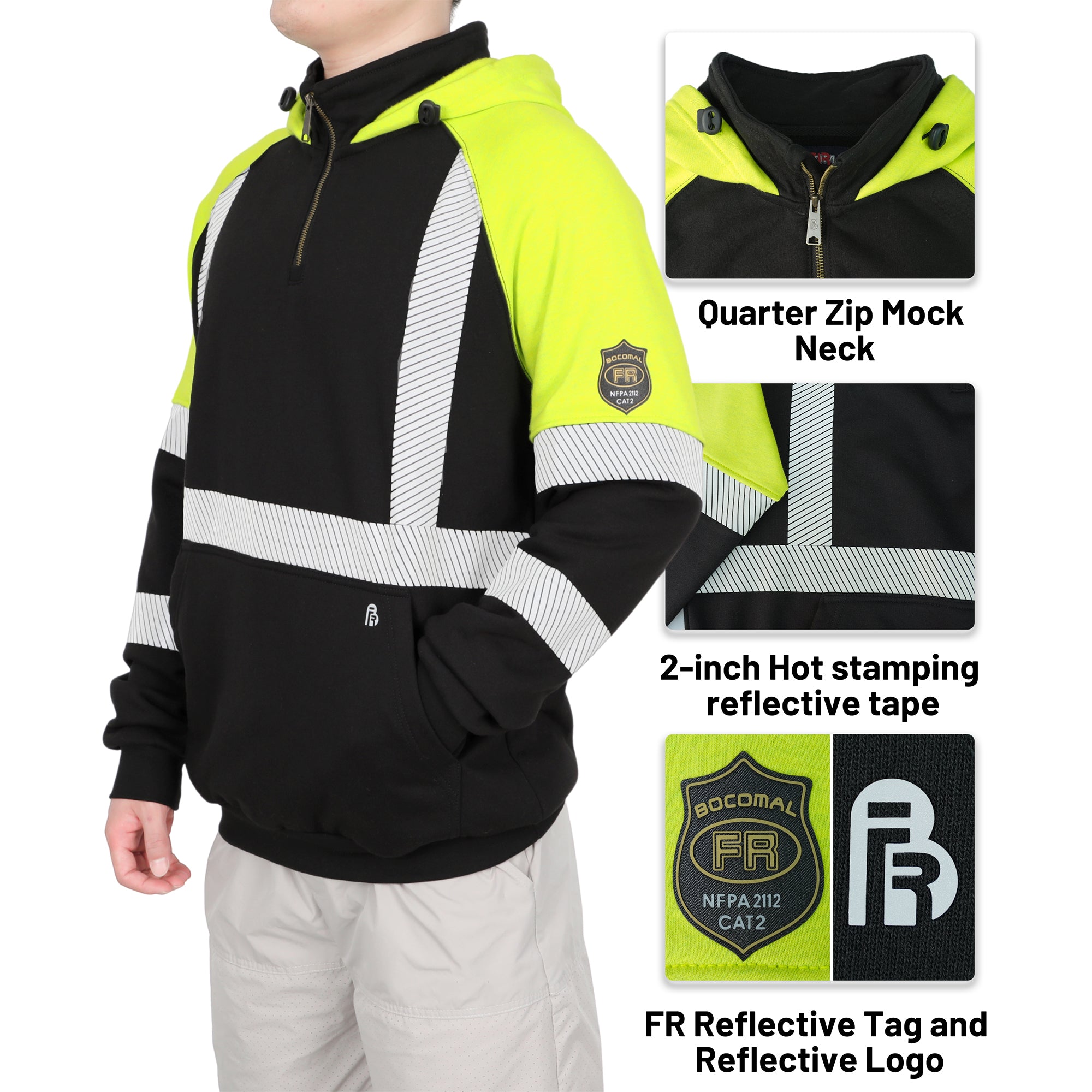 12oz Heavyweight Cotton Fleece 1/4 Zipper Mockneck Reflective FR Hi-Vis Hoodies-8931HV