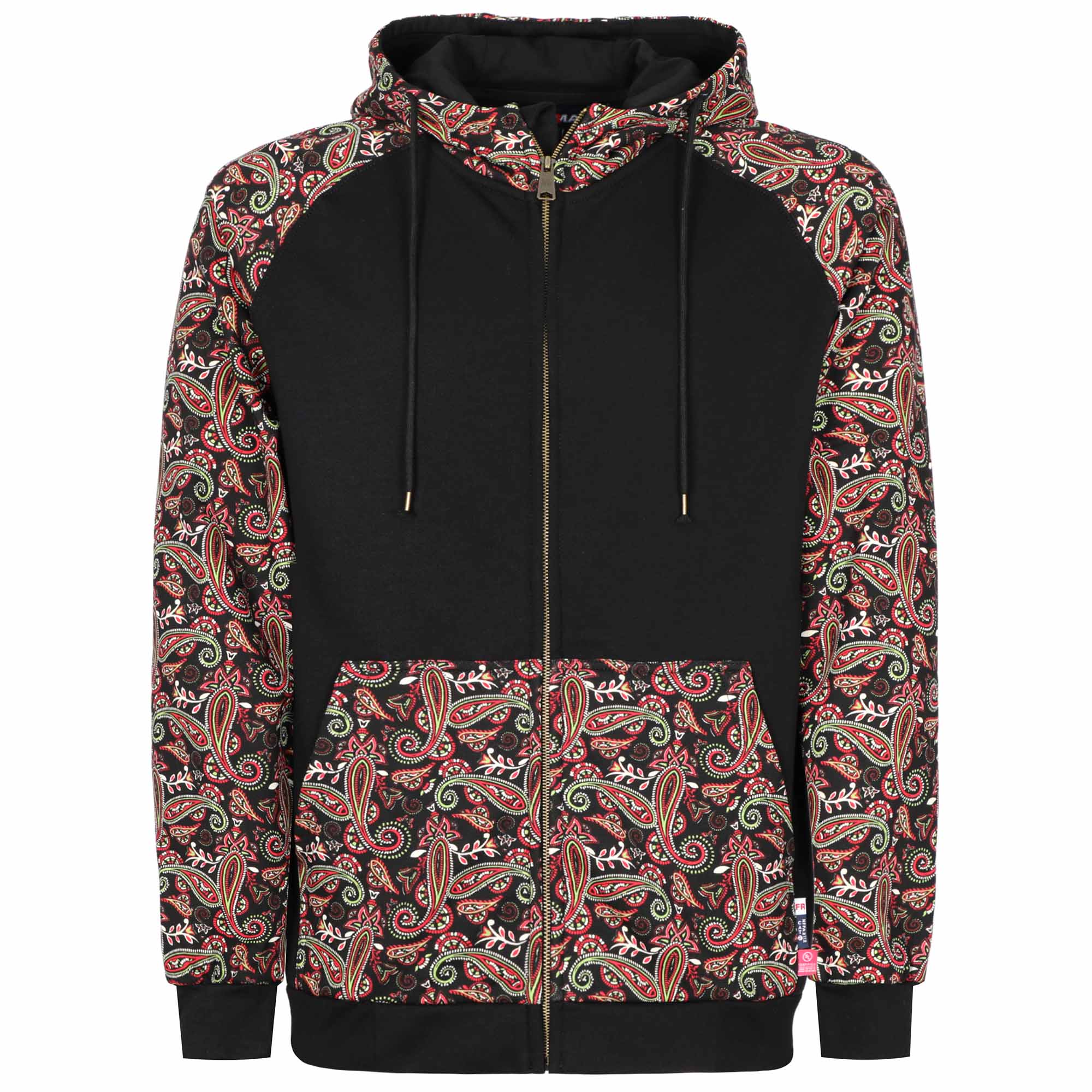 10.5oz Cotton Fleece Paisley Printed Zipper Front Flame Resistant Hooded Sweatshirts -9909P