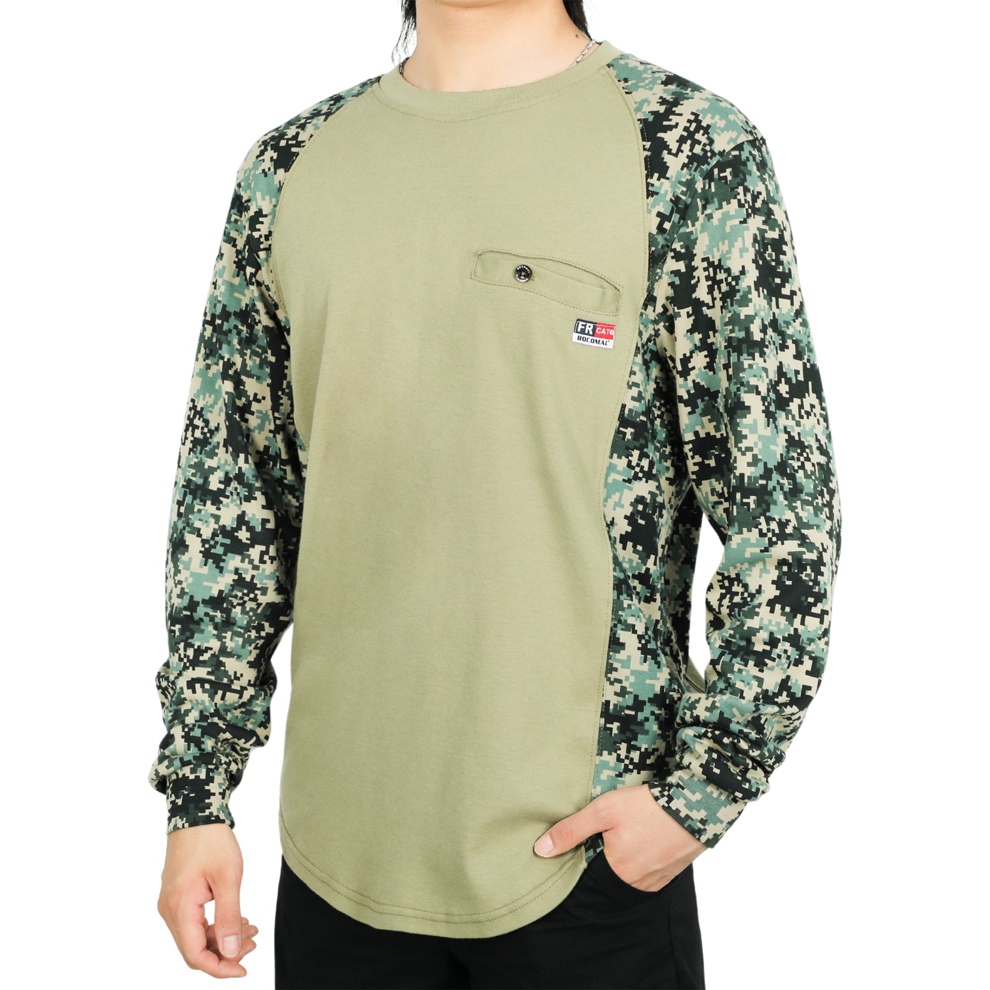 5.5oz Lightweight Crewneck Camo Two-Tone Melt Pocket FR Long Sleeve Welding T-Shirt-4408C