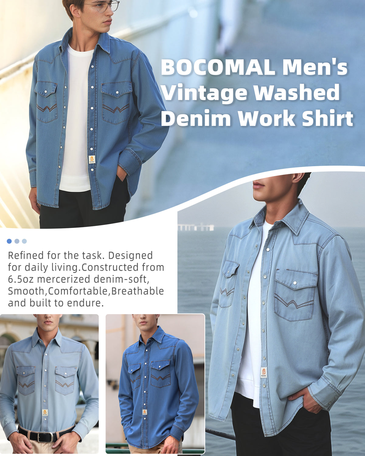 6.5OZ Work Shirts Vintage Washed Lightweight Soft Denim Pearl Snap Down-Relaxed Fit (Non FR)-0930