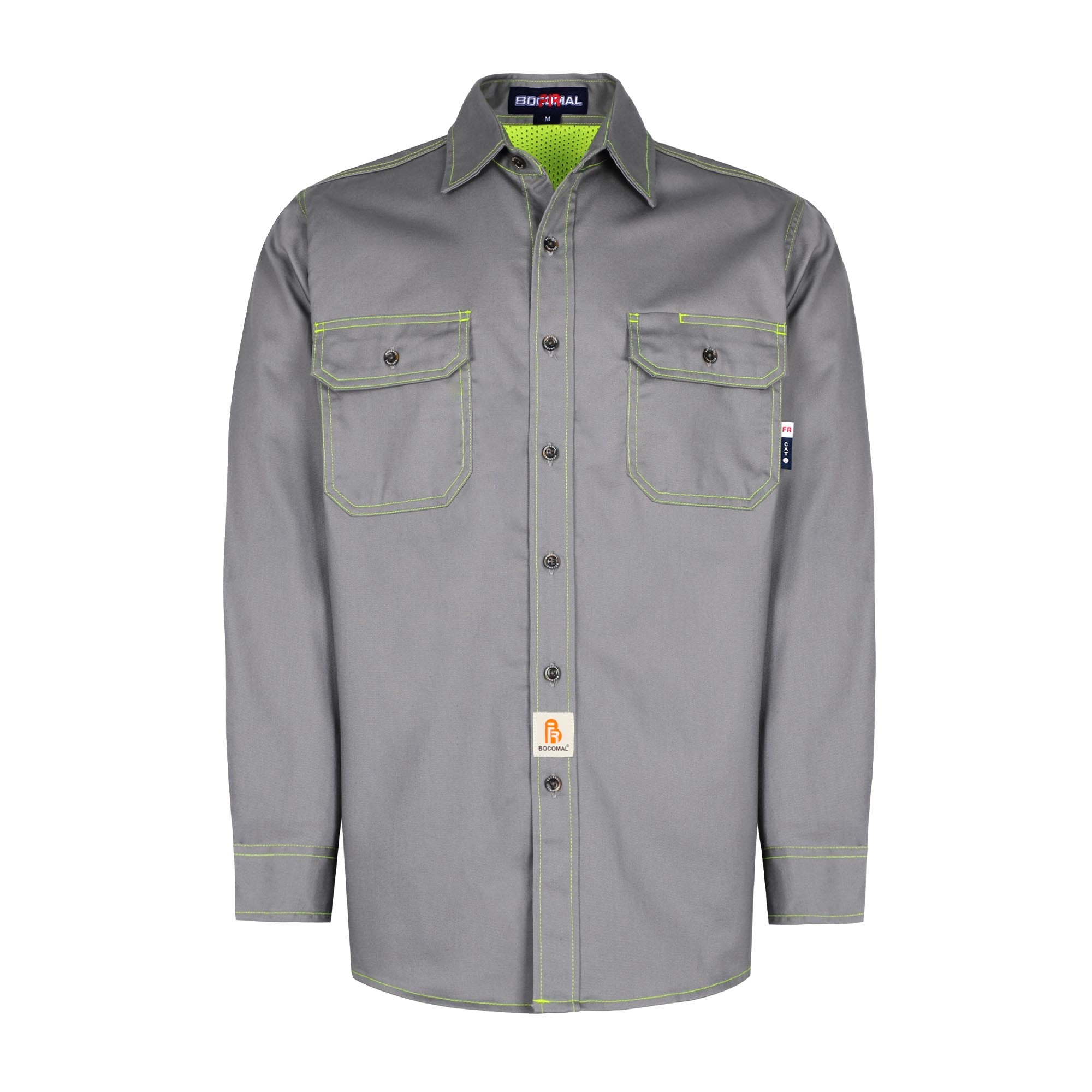 BOCOMAL Men's FR 6.5OZ Long Sleeve Twill Button Down Shirts,CAT 2 Cotton Work Shirts With Pearl Snap,Plaid Cotton Flame Resistant Work Shirts Gray / X