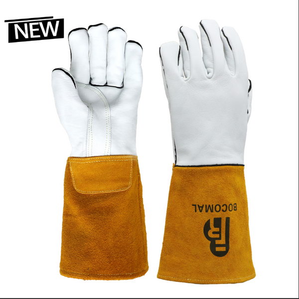 Classic Welding Gloves,Grain Leather Muliti Tasks,14" Lined Leather Mig/Stick Gloves, Kevlar Stitching,White/Black