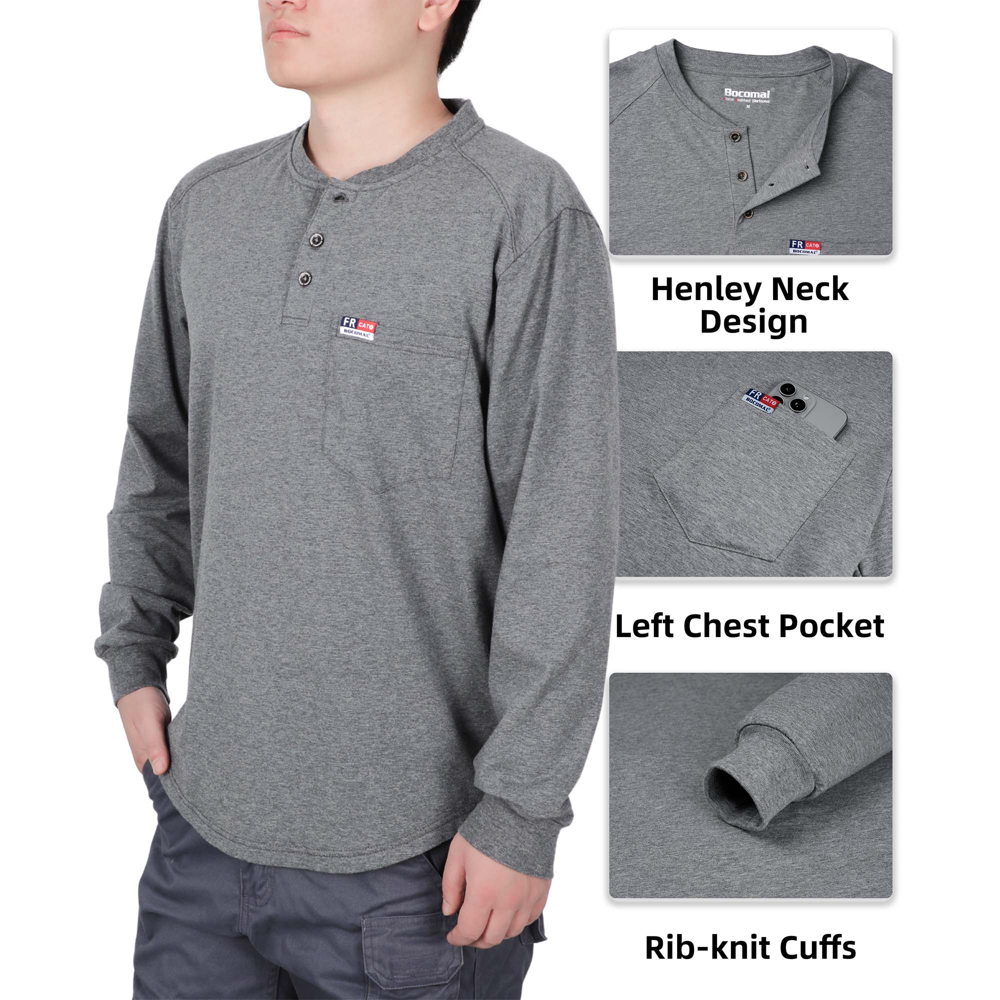 6OZ Henley Cotton Tencel Heather Blended Flame Resistant Work T-Shirt - A235