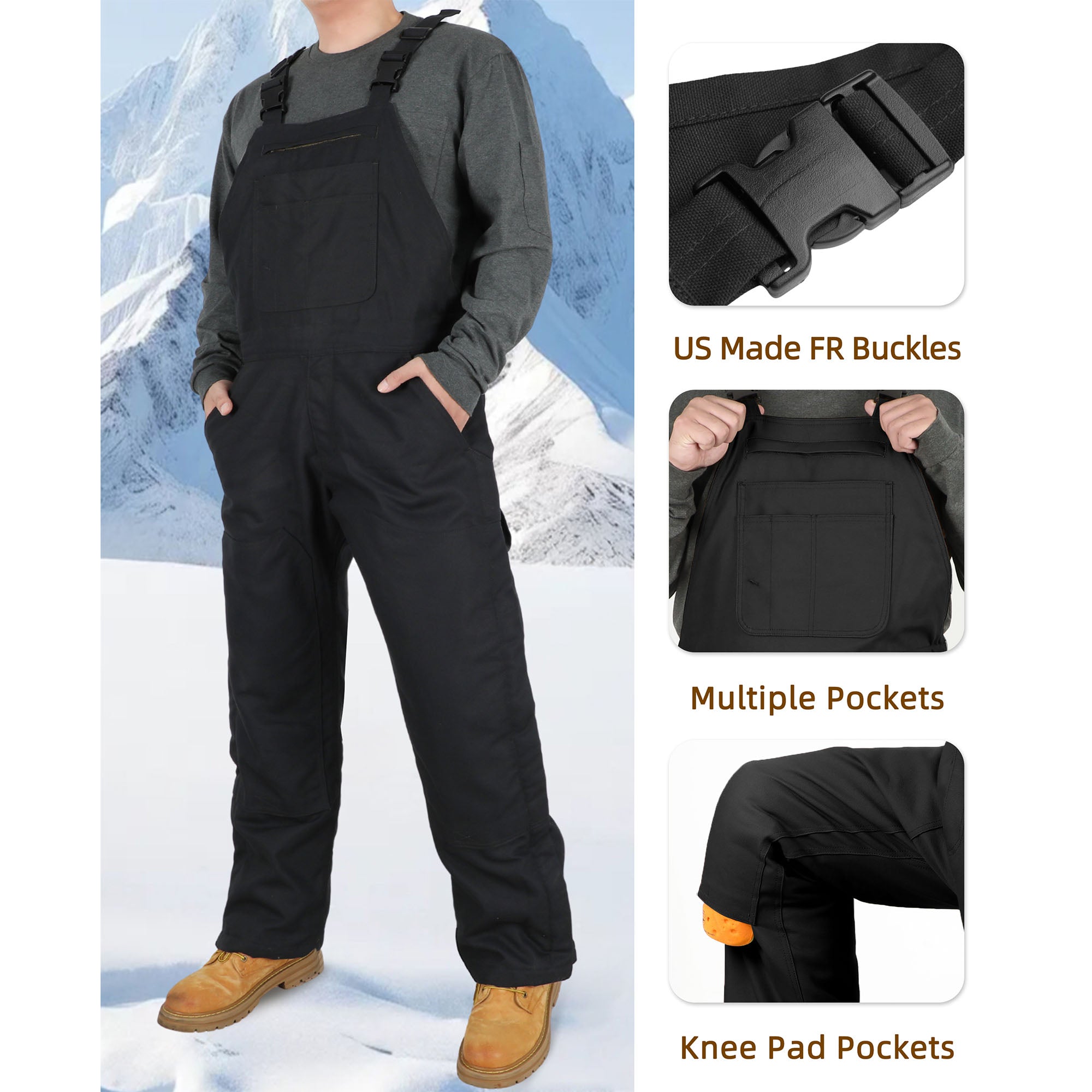 Insulated FR Bib Overalls with Thigh Zippers and Knee Pads for winter -8704