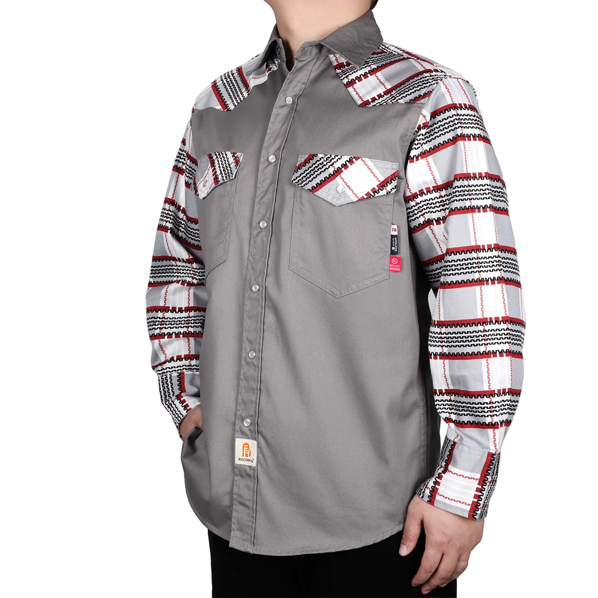 6.5OZ Pearl Snaps Two Tone Plaid/Solid Flame Resistant Cotton Welding Shirt-0907P