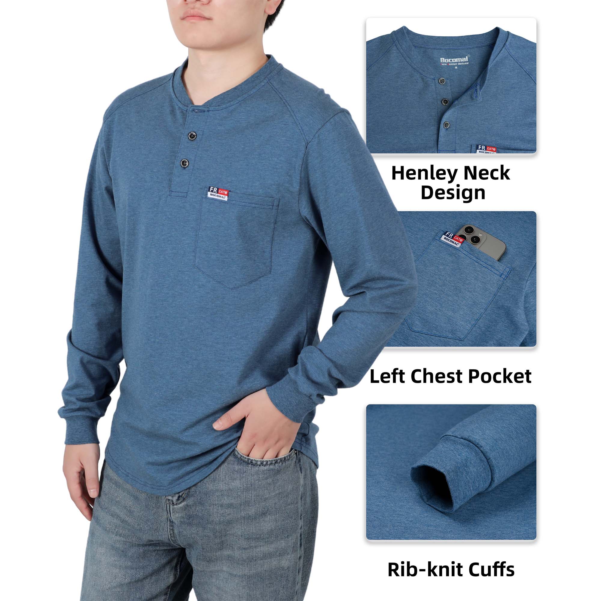 6OZ Henley Cotton Tencel Heather Blended Flame Resistant Work T-Shirt - A235