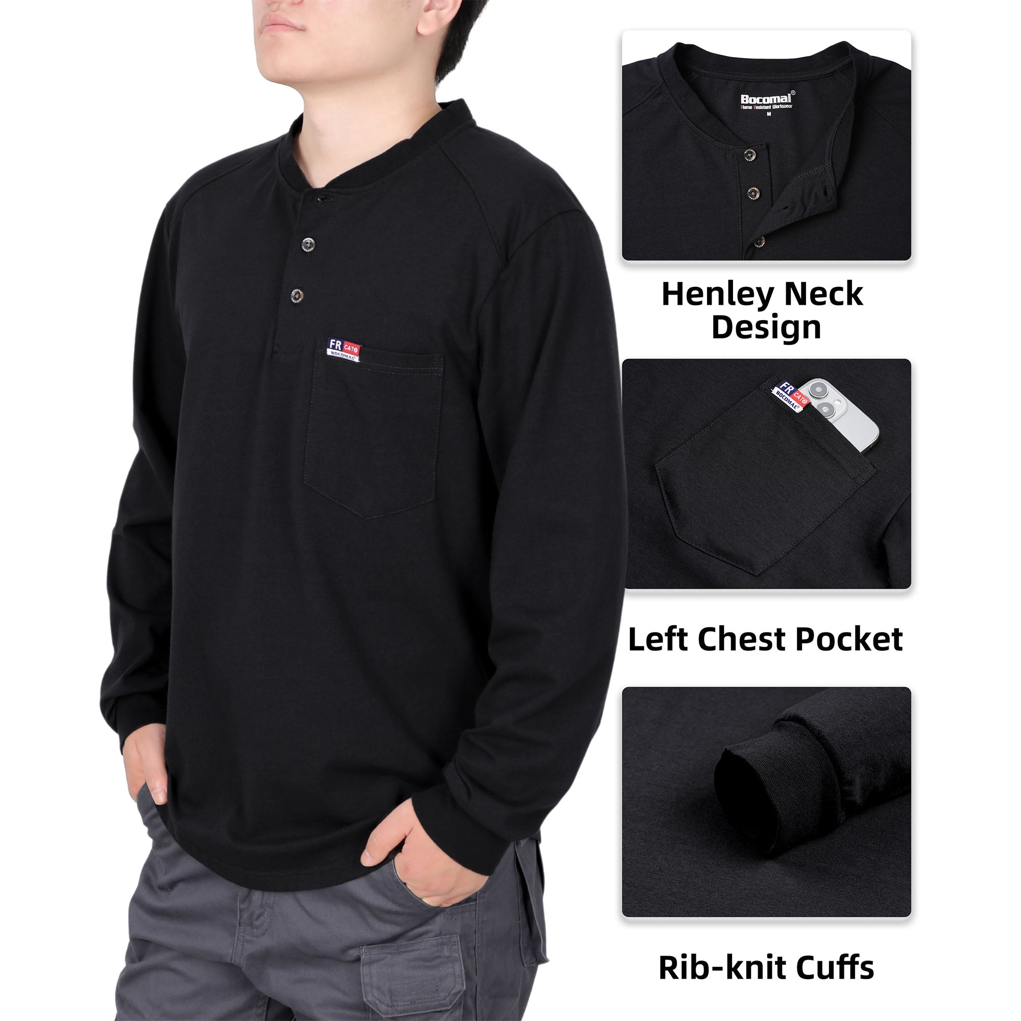 6OZ Henley Cotton Tencel Heather Blended Flame Resistant Work T-Shirt - A235