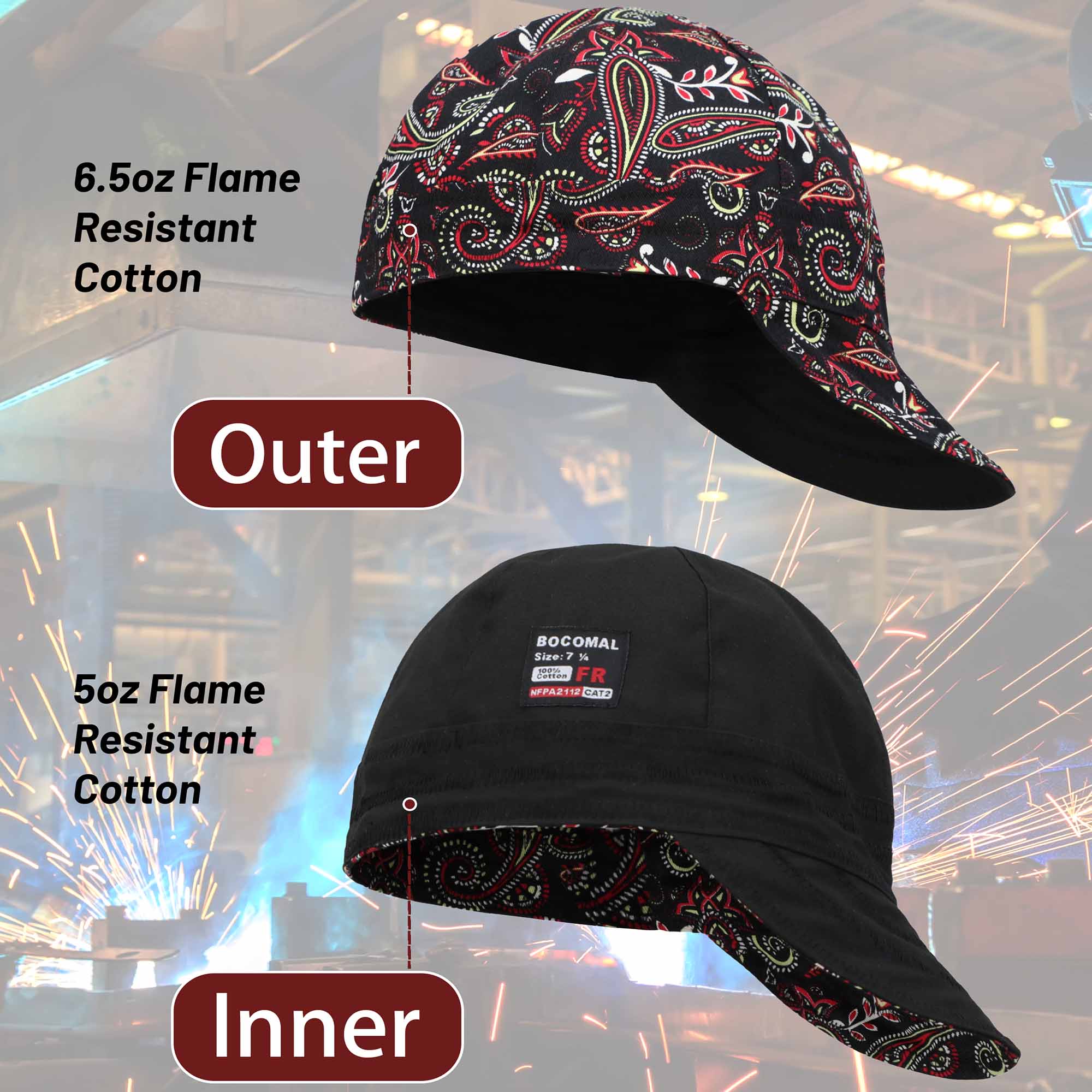 6.5OZ Mid-weight Cotton Twill Flame Resistant Paisley Printed Welding Cap - 4816S