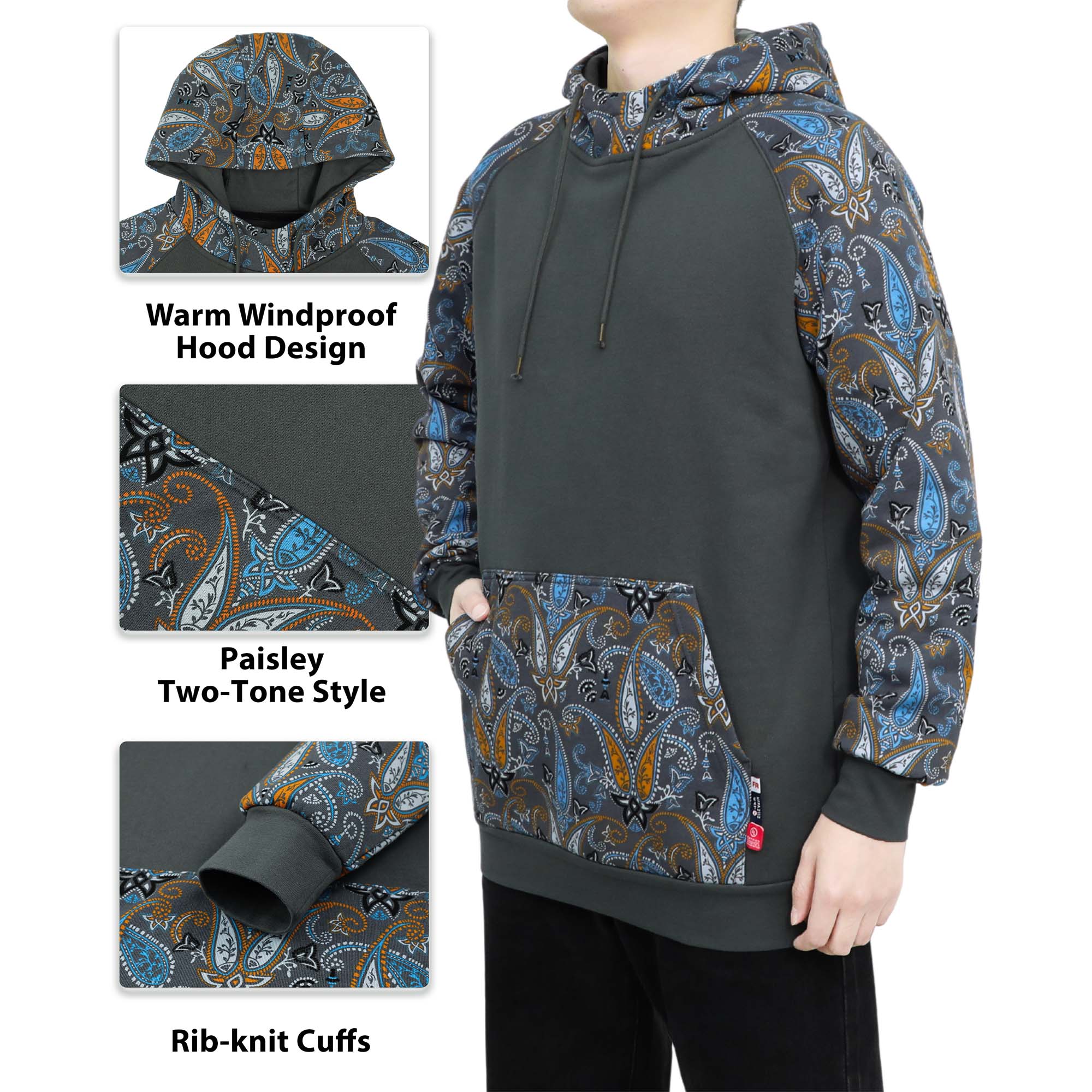 10.5oz Paisley Printed Two Tone Cotton Fleece Flame Resistant Pullover Hoodies(Final Sale)-1109P