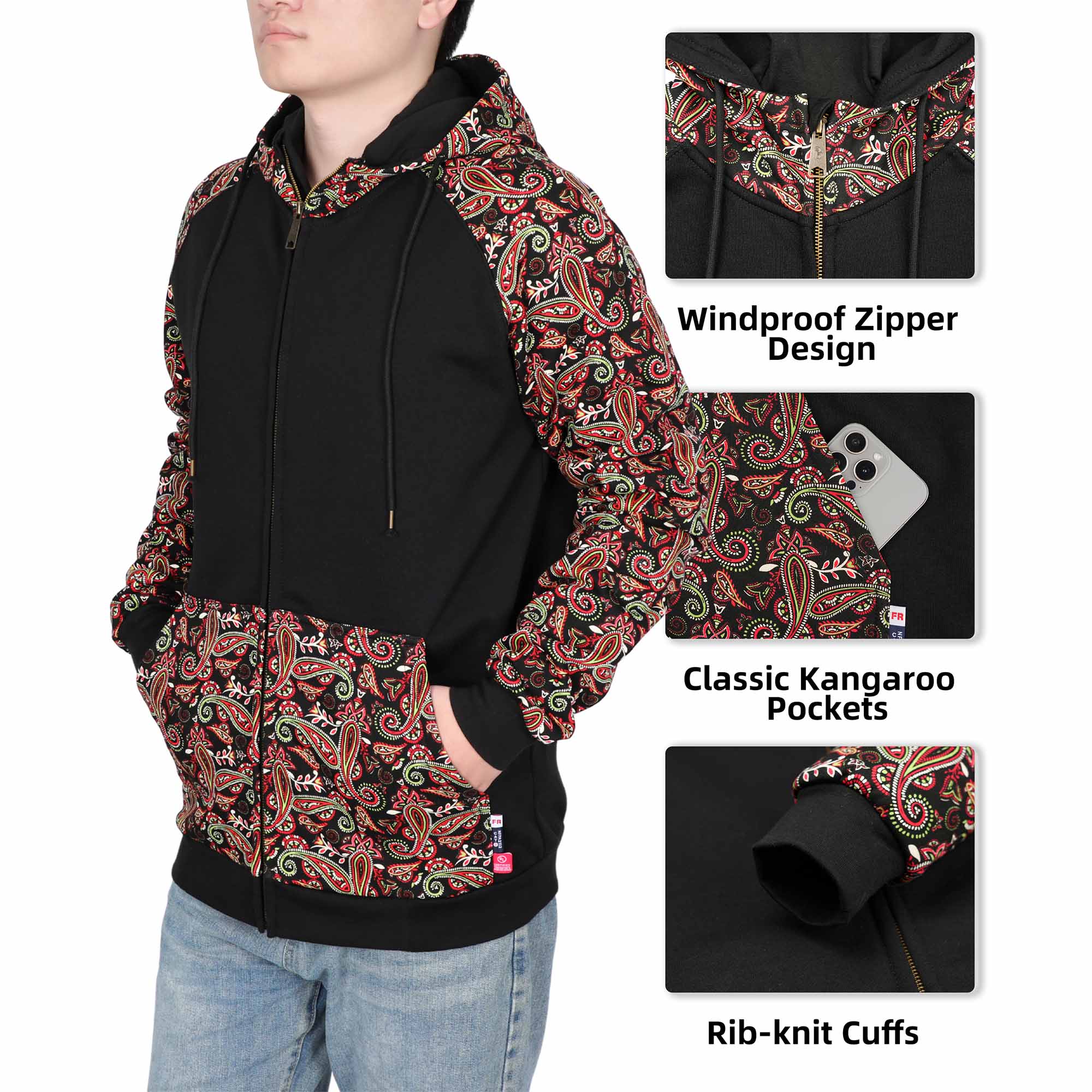 10.5oz Cotton Fleece Paisley Printed Zipper Front Flame Resistant Hooded Sweatshirts -9909P