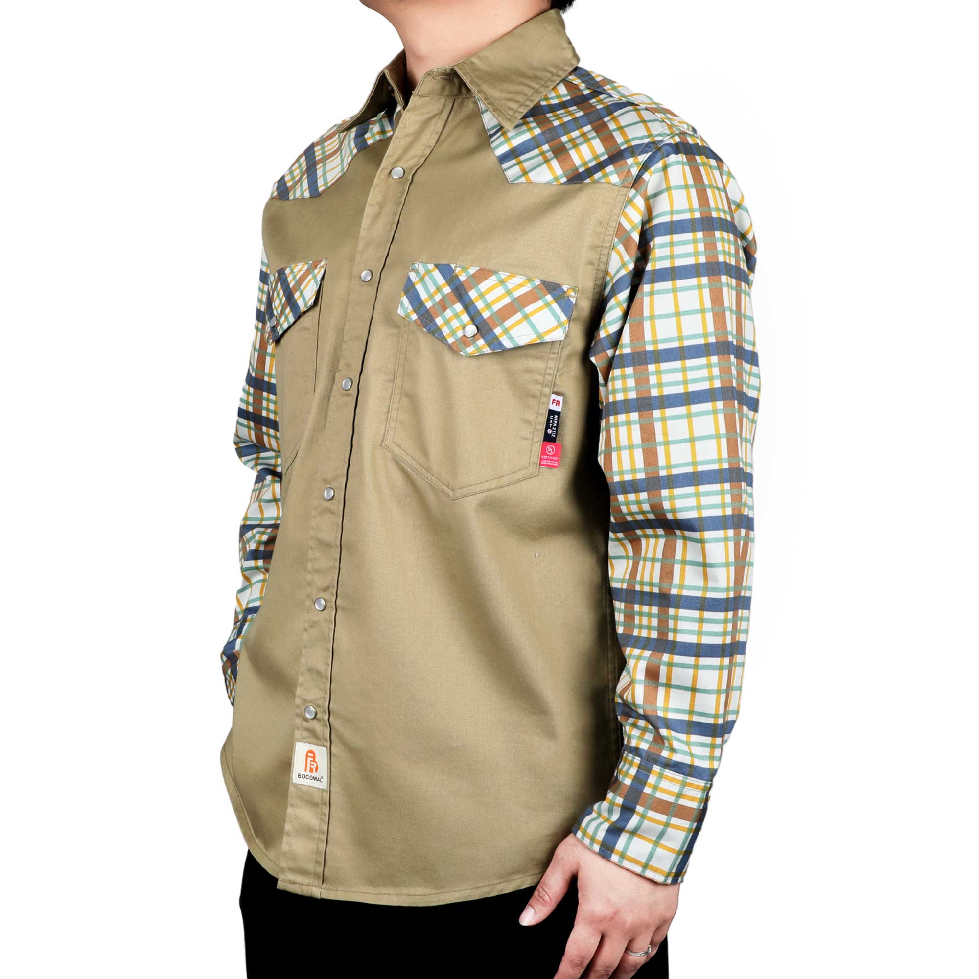 6.5OZ Pearl Snaps Two Tone Plaid/Solid Flame Resistant Cotton Welding Shirt-0907P