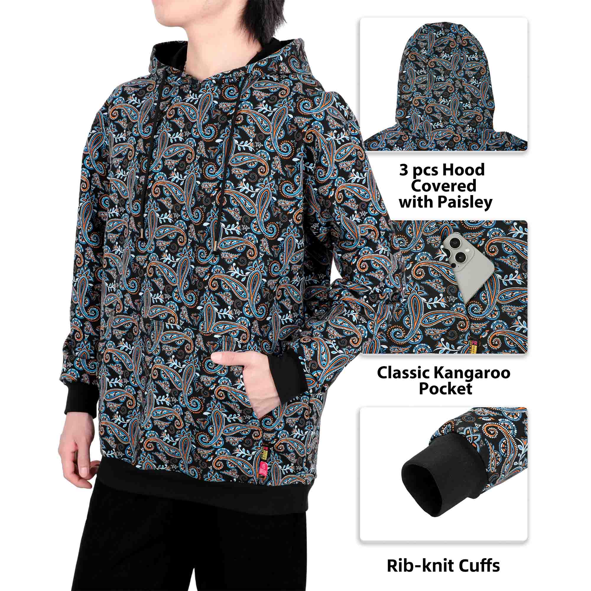 7.5oz Lightweight Paisley Printed Flame Resistant Hooded Sweatshirts Non Fleece -2613P