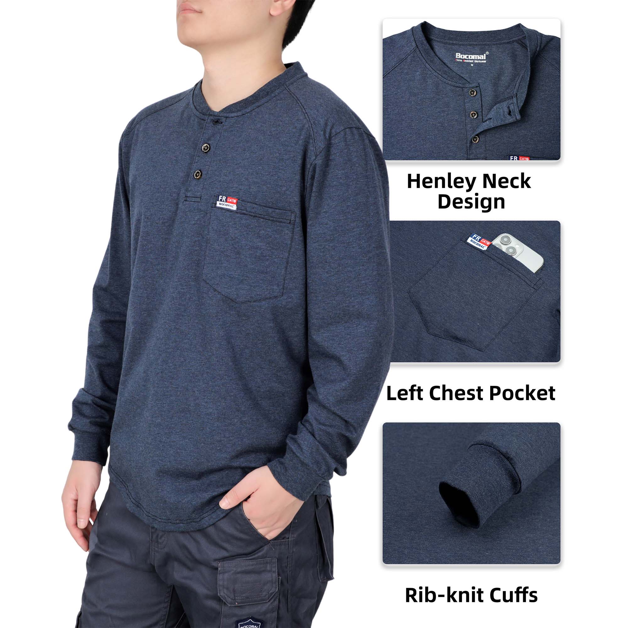 6OZ Henley Cotton Tencel Heather Blended Flame Resistant Work T-Shirt - A235