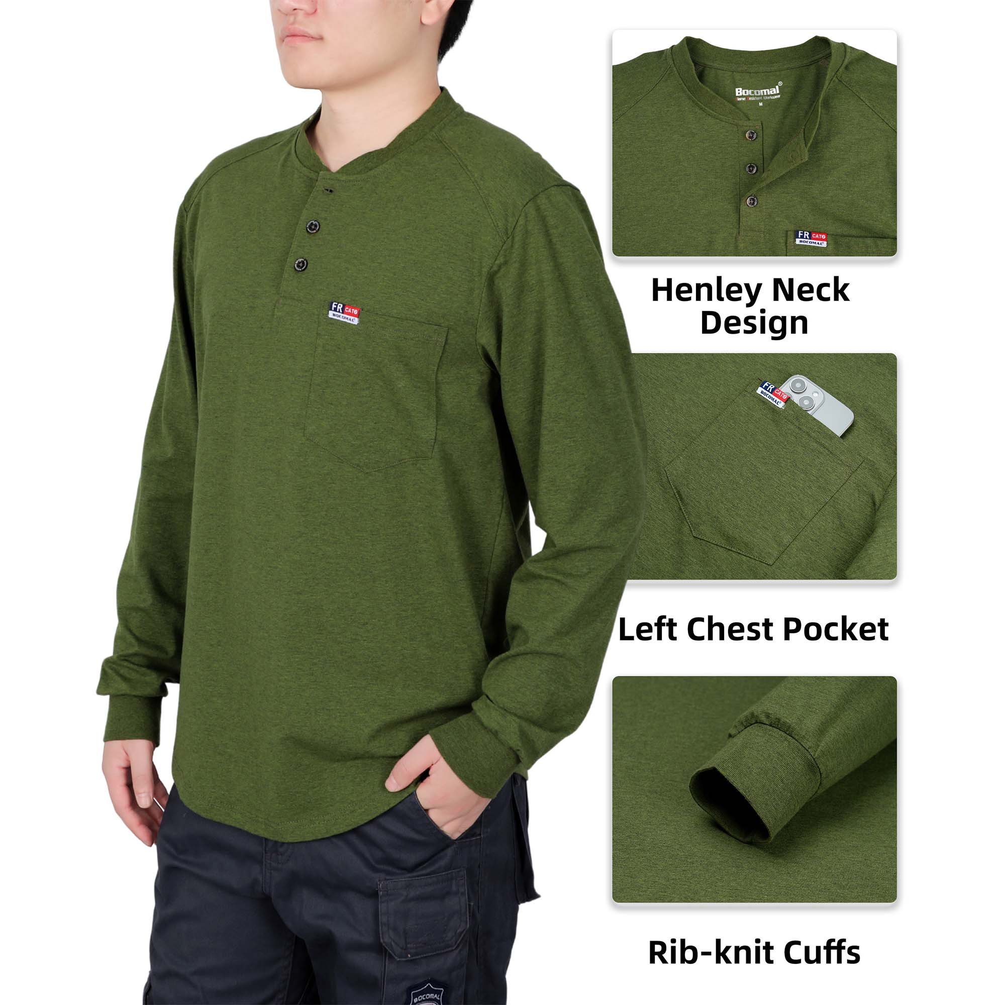 6OZ Henley Cotton Tencel Heather Blended Flame Resistant Work T-Shirt - A235