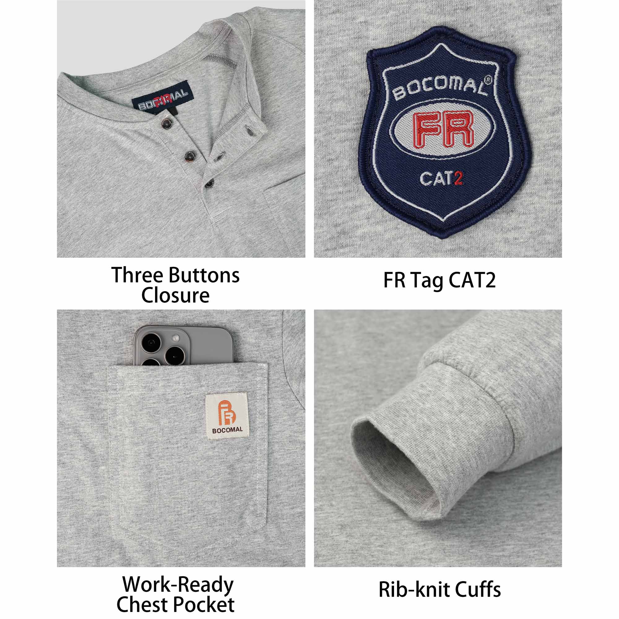 5.5oz Cotton Long Sleeve Henley Shirt Flame Resistant -9108