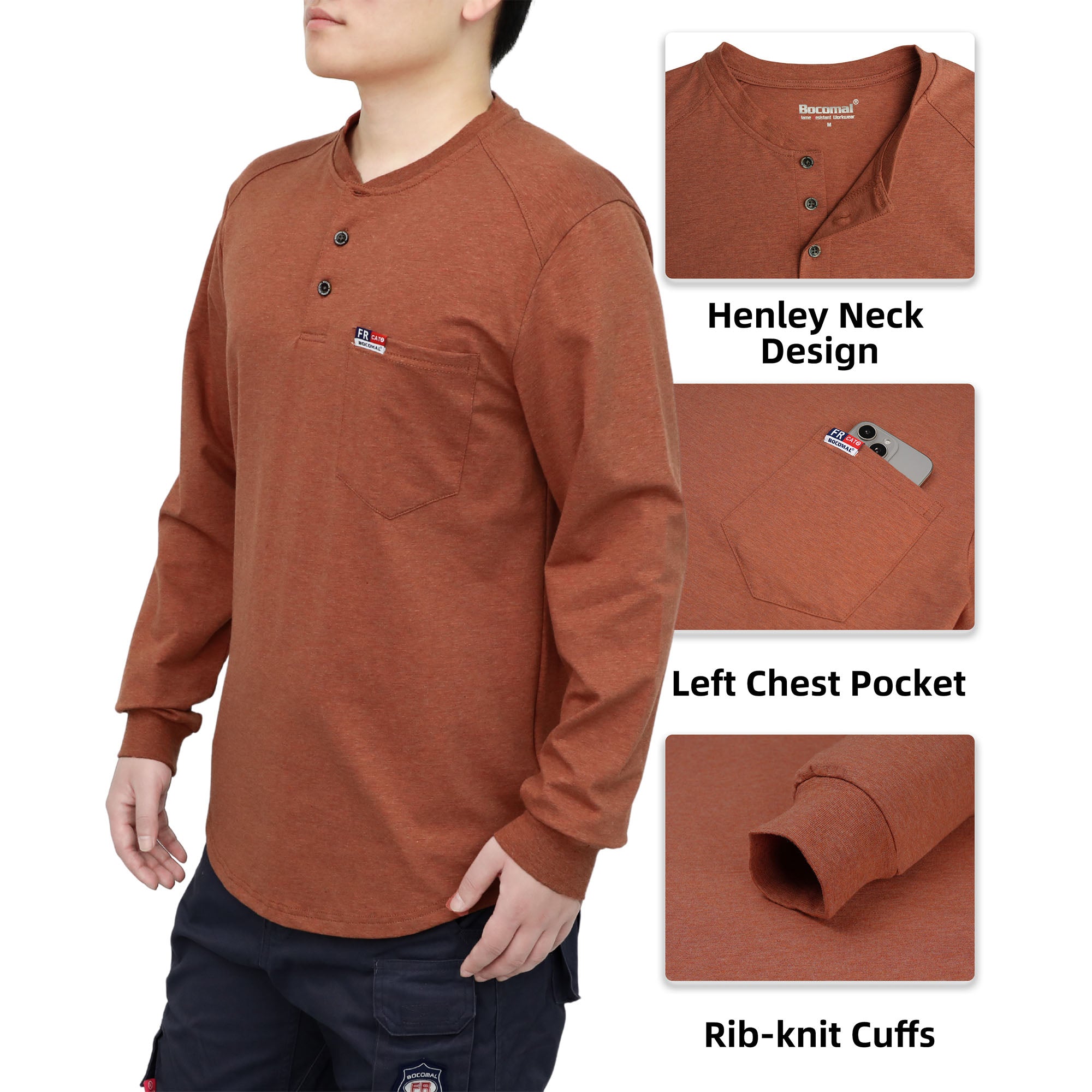 6OZ Henley Cotton Tencel Heather Blended Flame Resistant Work T-Shirt - A235