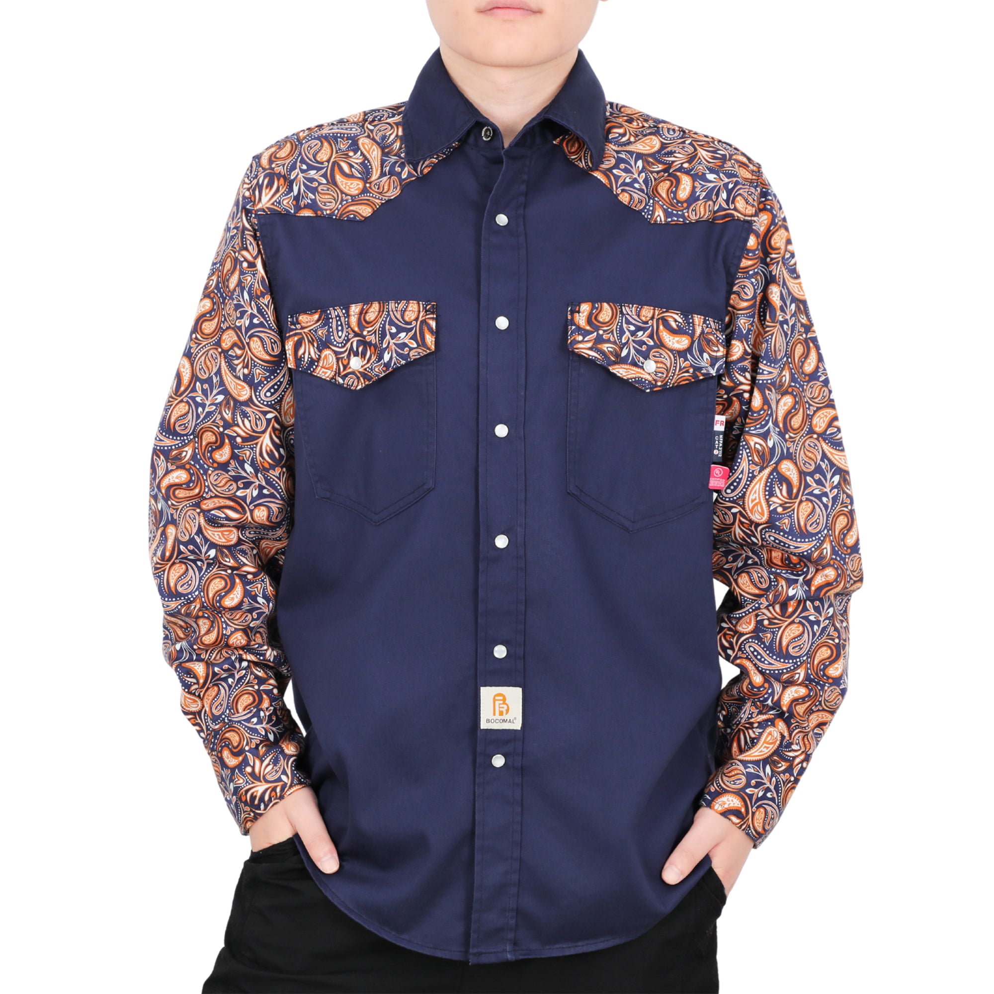 6.5OZ Pearl Snaps Two Tone Plaid/Solid Flame Resistant Cotton Welding Shirt-0907P