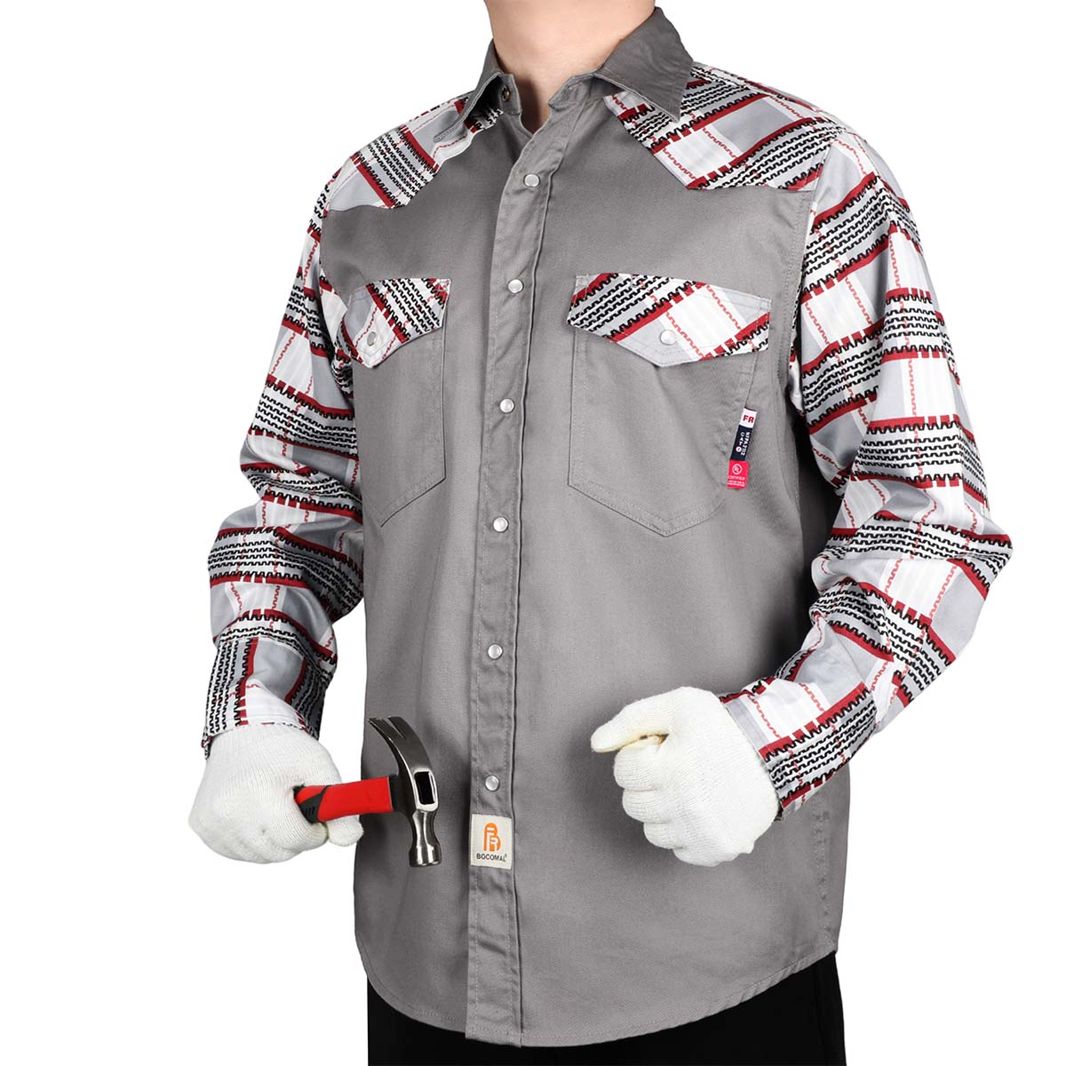 6.5OZ Pearl Snaps Two Tone Plaid/Solid Flame Resistant Cotton Welding Shirt-0907P