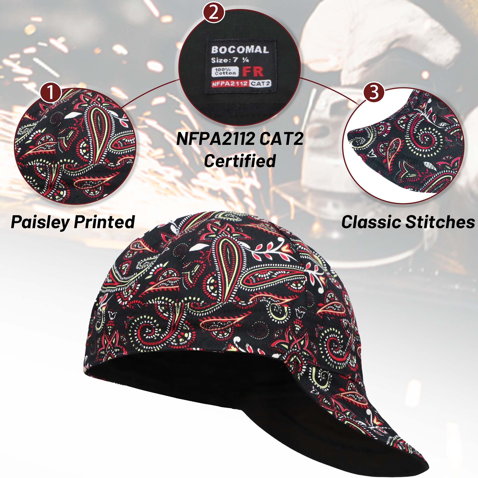 6.5OZ Mid-weight Cotton Twill Flame Resistant Paisley Printed Welding Cap - 4816S