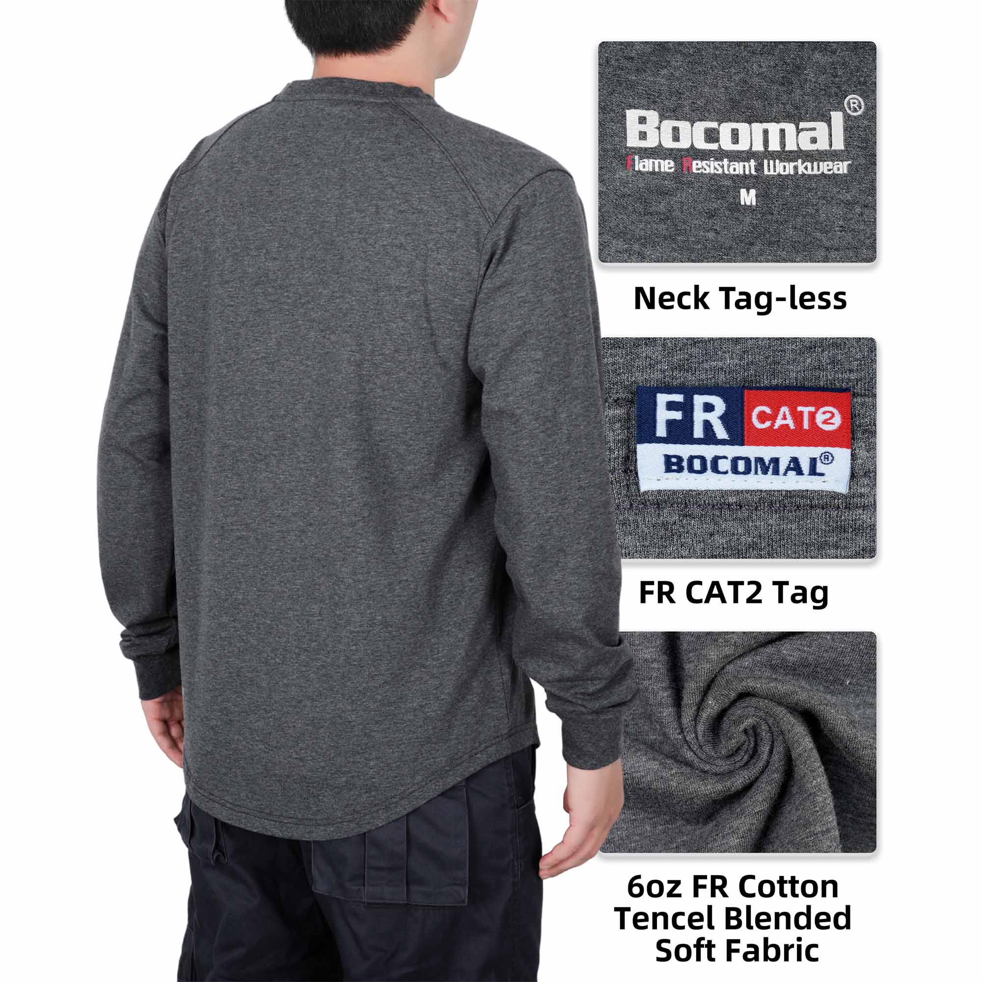 6OZ Henley Cotton Tencel Heather Blended Flame Resistant Work T-Shirt - A235