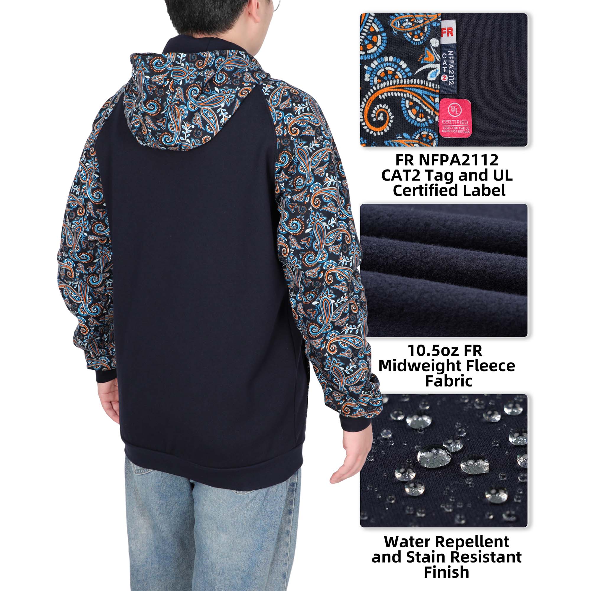 10.5oz Cotton Fleece Paisley Printed Zipper Front Flame Resistant Hooded Sweatshirts -9909P
