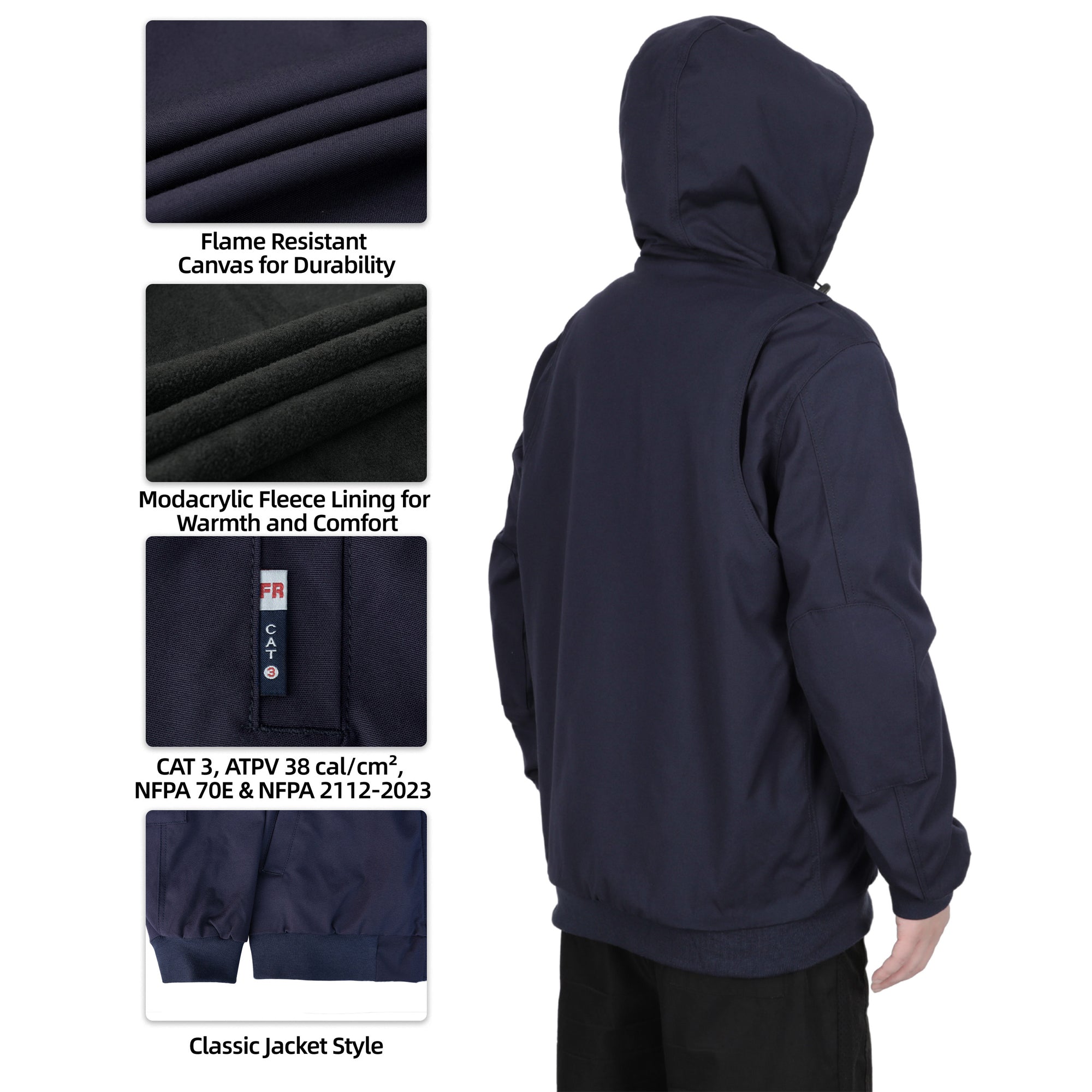 Heavyweight Canvas and Modacrylic Fleece Lined Hooded Flame Resistant Winter Work Coat NFPA 2112 CAT3-1432H