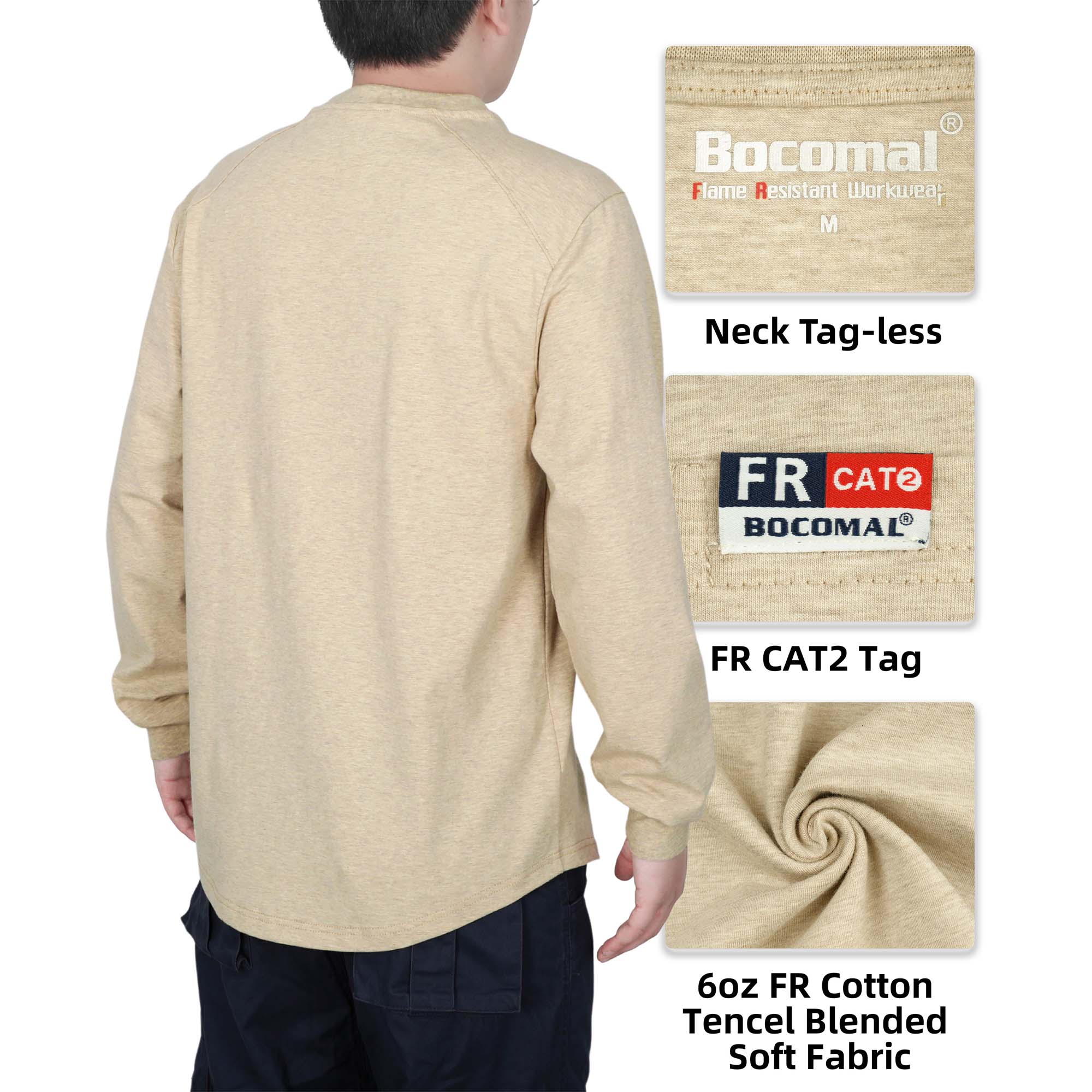 6OZ Henley Cotton Tencel Heather Blended Flame Resistant Work T-Shirt - A235