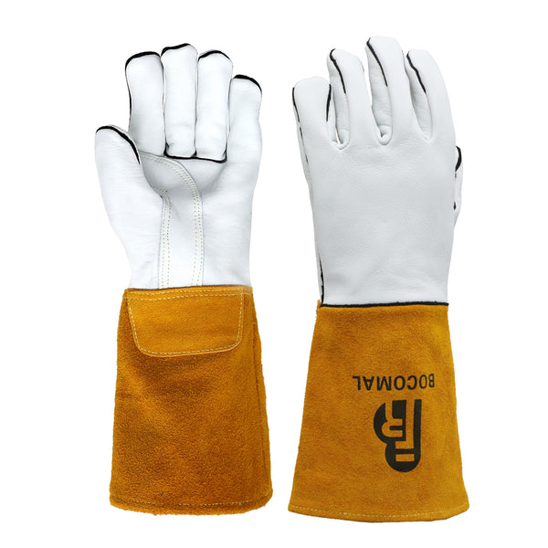 Classic Welding Gloves,Grain Leather Multi Tasks,14" Lined Leather Mig/Stick Gloves, Kevlar Stitching,White/Black