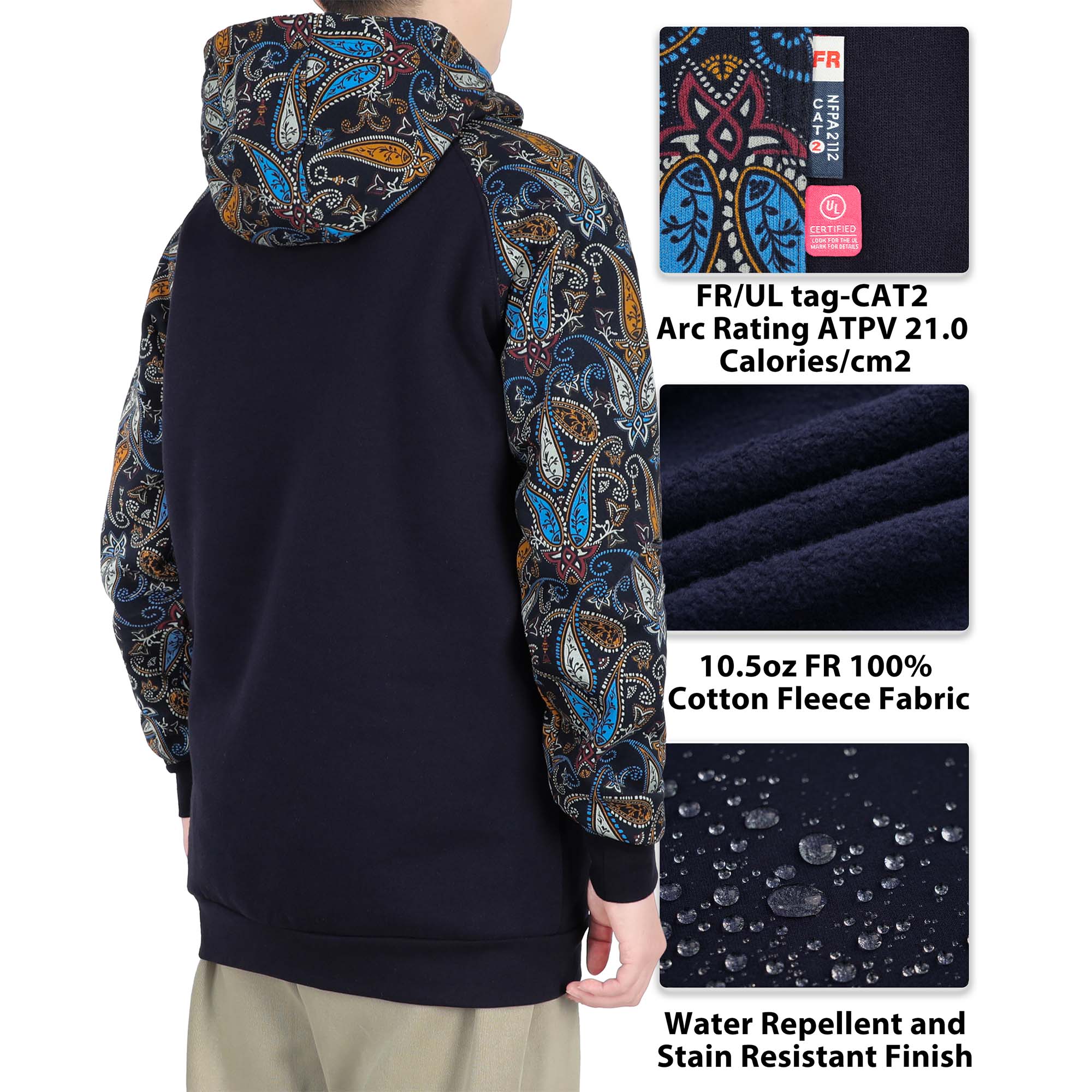10.5oz Paisley Printed Two Tone Cotton Fleece Flame Resistant Pullover Hoodies(Final Sale)-1109P