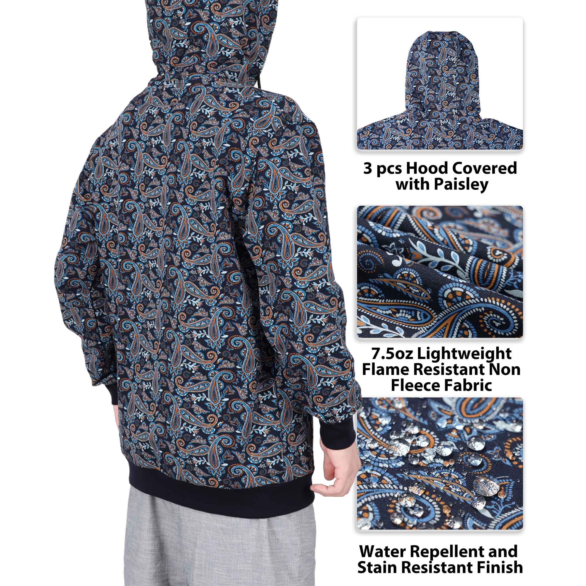 7.5oz Lightweight Paisley Printed Flame Resistant Hooded Sweatshirts Non Fleece -2613P