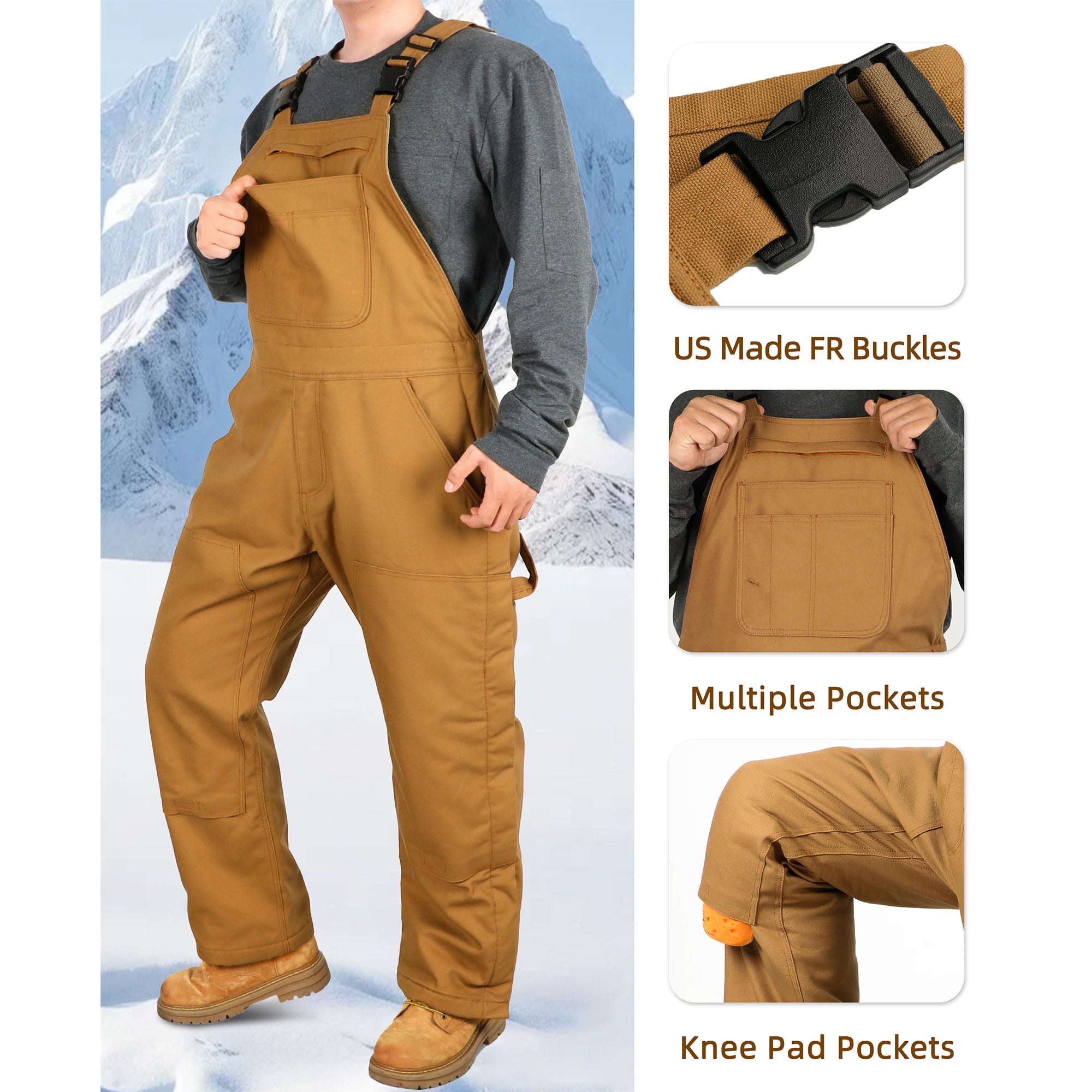 Insulated FR Bib Overalls with Thigh Zippers and Knee Pads for winter -8704