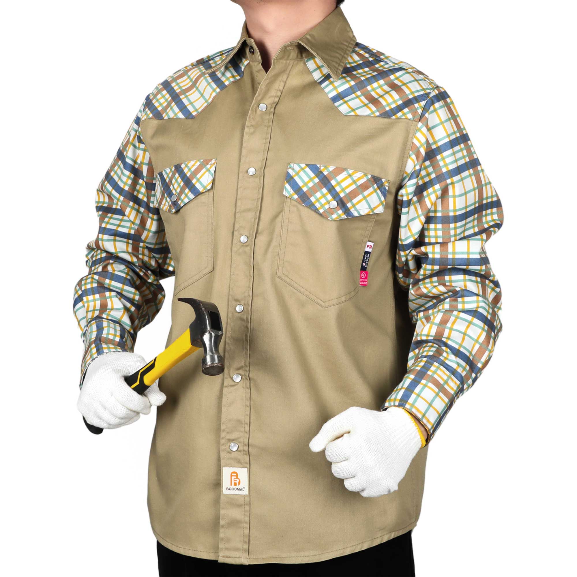 6.5OZ Pearl Snaps Two Tone Plaid/Solid Flame Resistant Cotton Welding Shirt-0907P