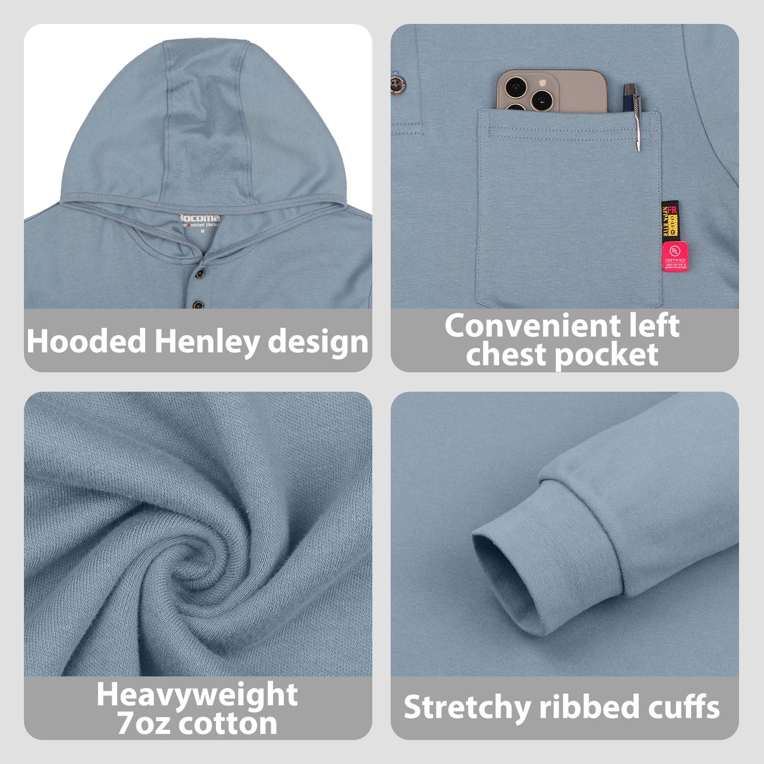 7OZ Cotton Flame-Resistant Hooded Henley T-Shirt - B103