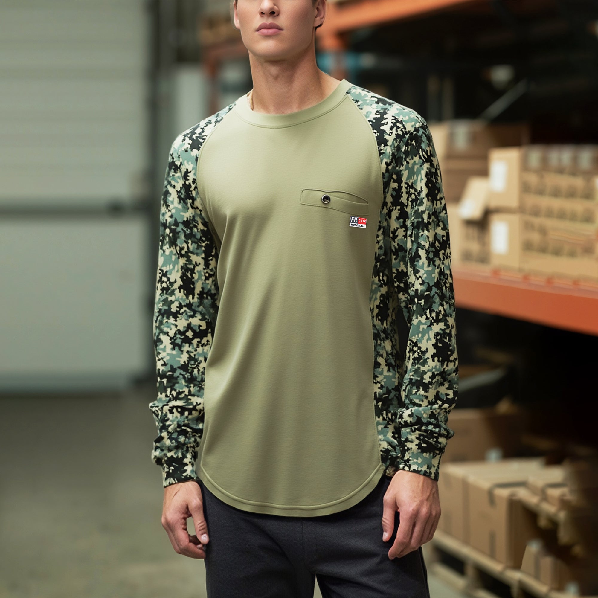 5.5oz Lightweight Crewneck Camo Two-Tone Melt Pocket FR Long Sleeve Welding T-Shirt-4408C