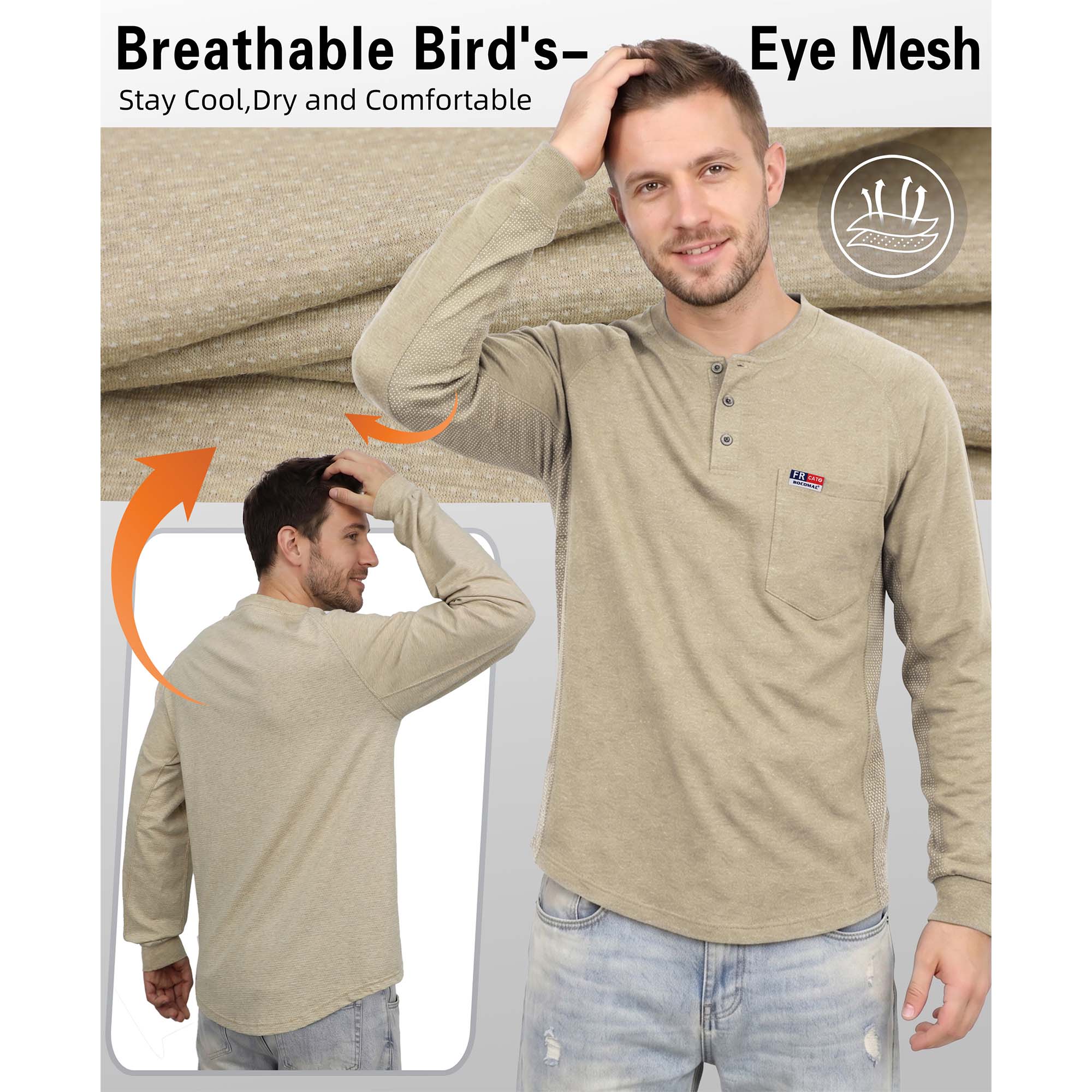 6OZ Henley Bird's-Eye Breathable Vented Mesh FR Tee-B535