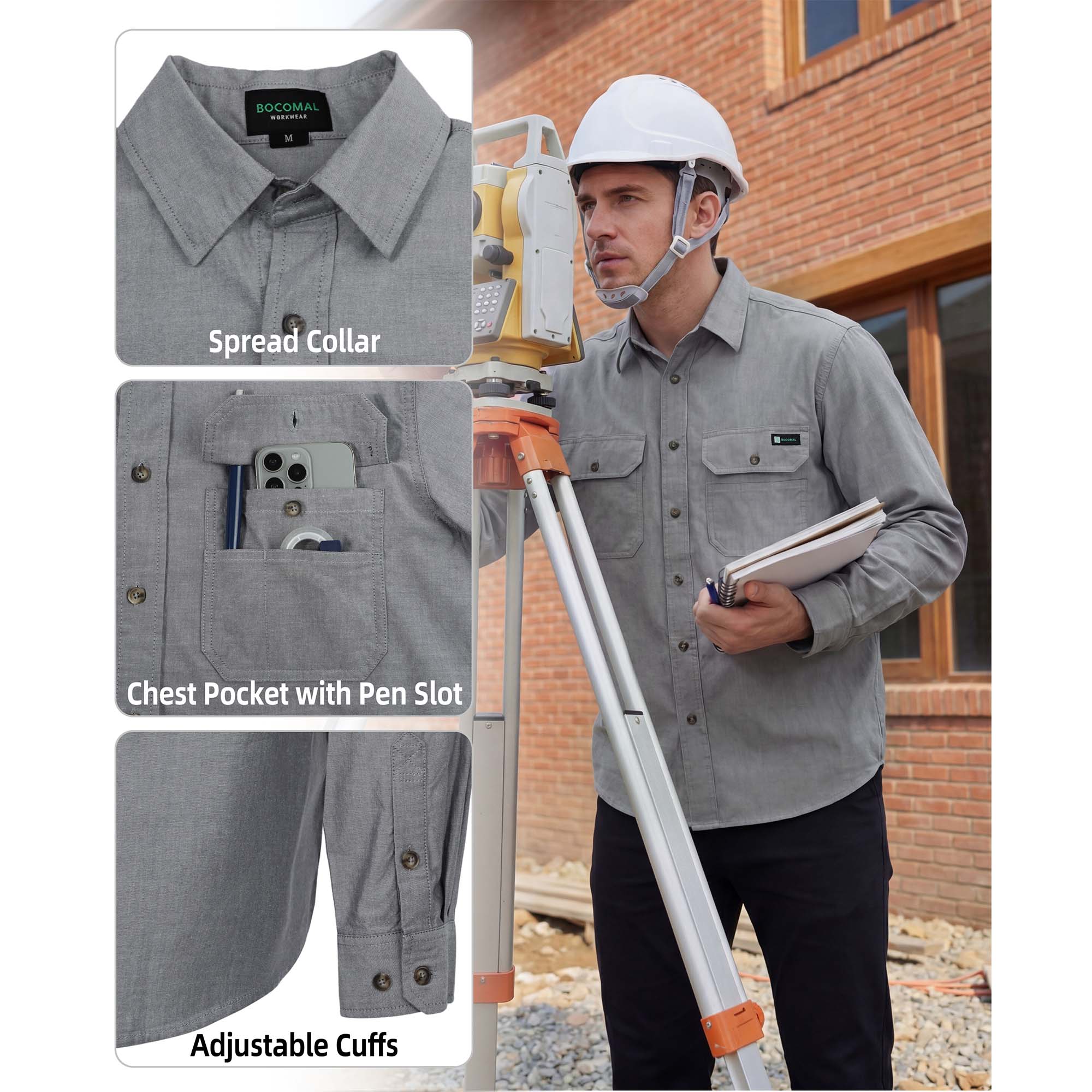 Men's Lightweight 100% Cotton Chambray Button Down Work Shirts -SH041J