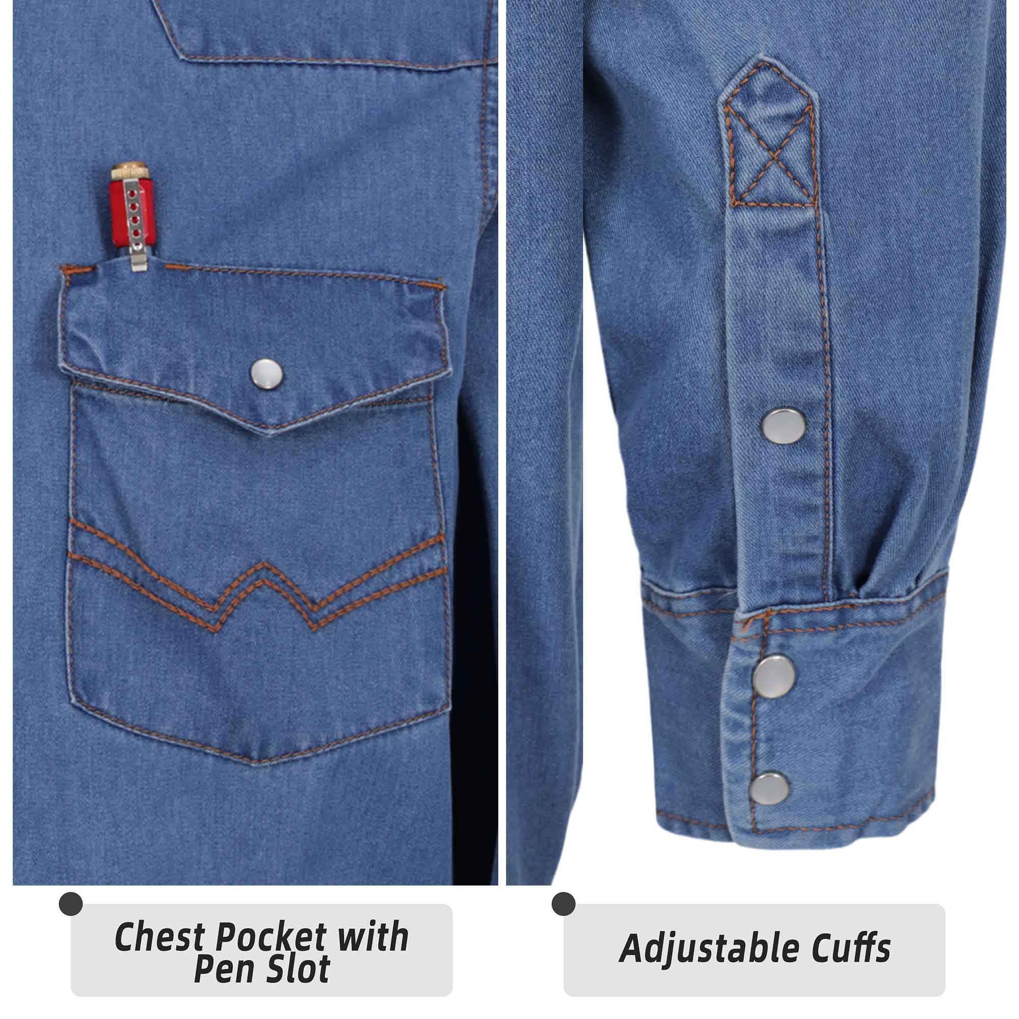 6.5OZ Work Shirts Vintage Washed Lightweight Soft Denim Pearl Snap Down-Relaxed Fit (Non FR)-0930