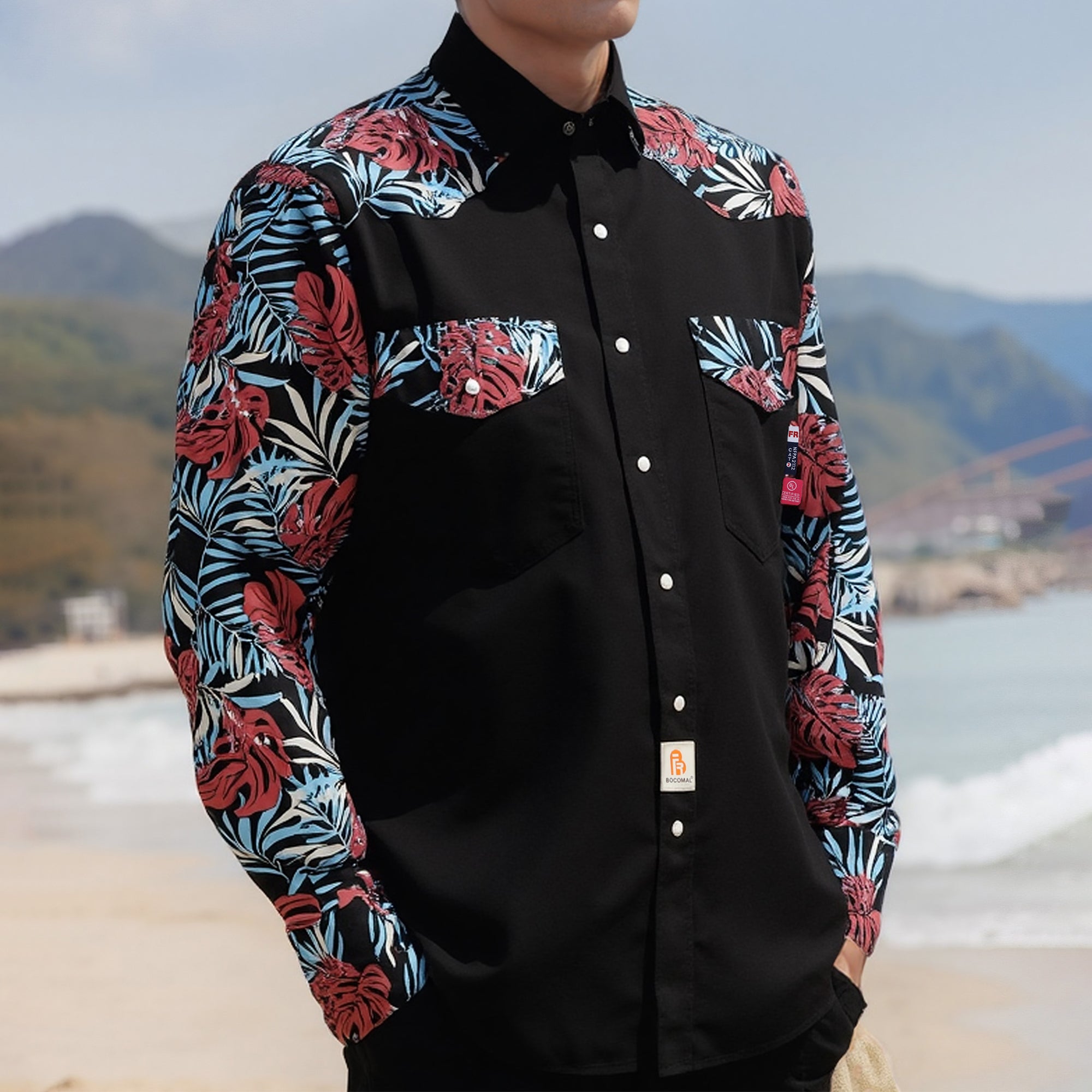 6.5OZ Pearl Snaps Two Tone Plaid/Solid Flame Resistant Cotton Welding Shirt-0907P