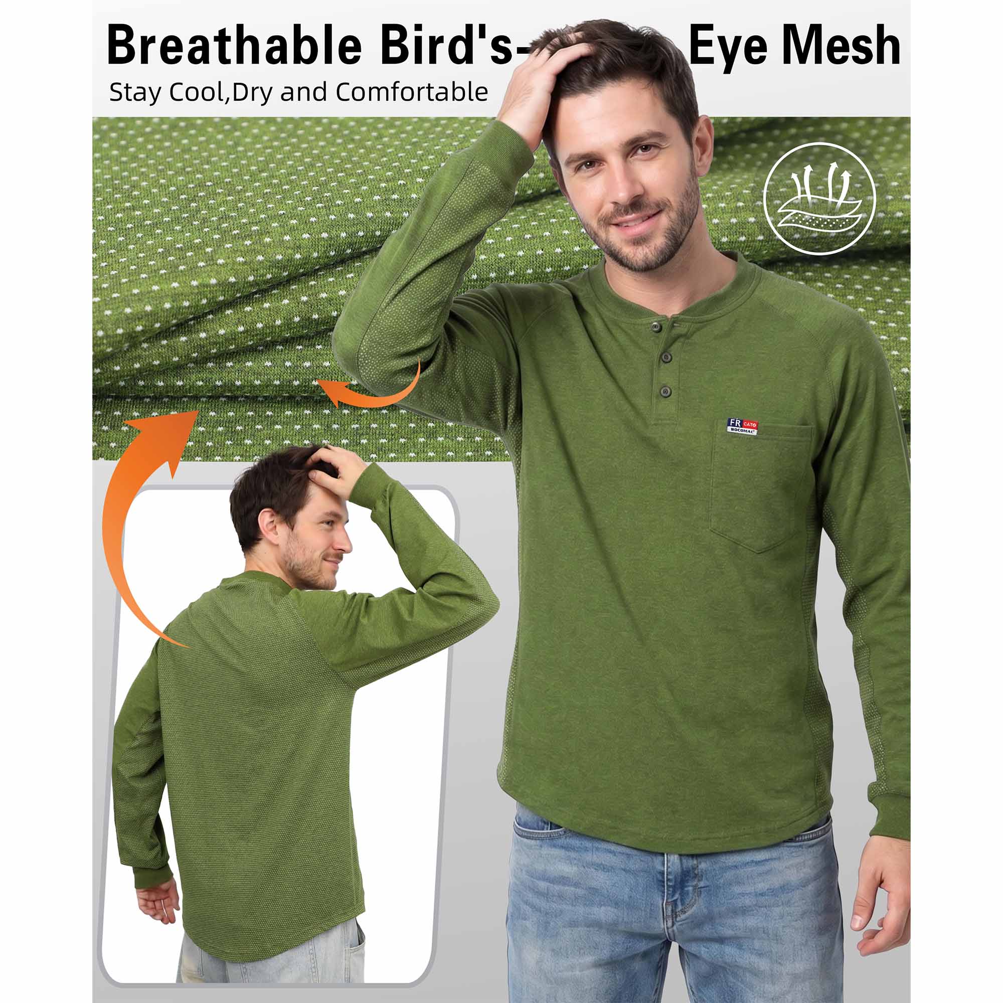 6OZ Henley Bird's-Eye Breathable Vented Mesh FR Tee-B535