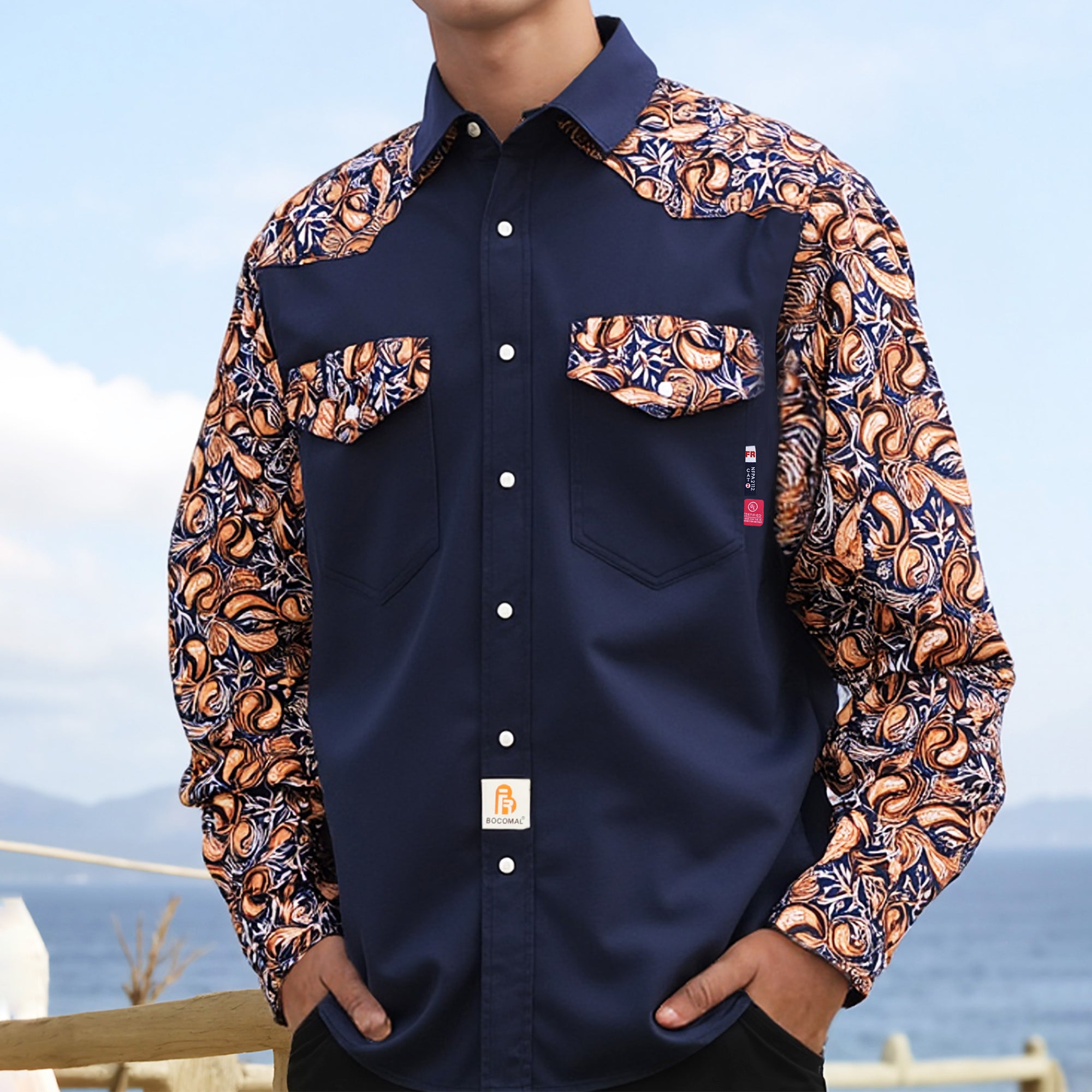 6.5OZ Pearl Snaps Two Tone Plaid/Solid Flame Resistant Cotton Welding Shirt-0907P