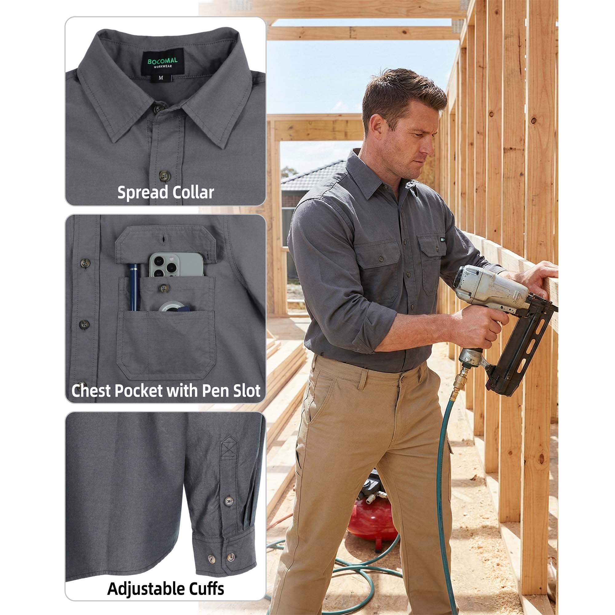 Men's Lightweight 100% Cotton Chambray Button Down Work Shirts -SH041J