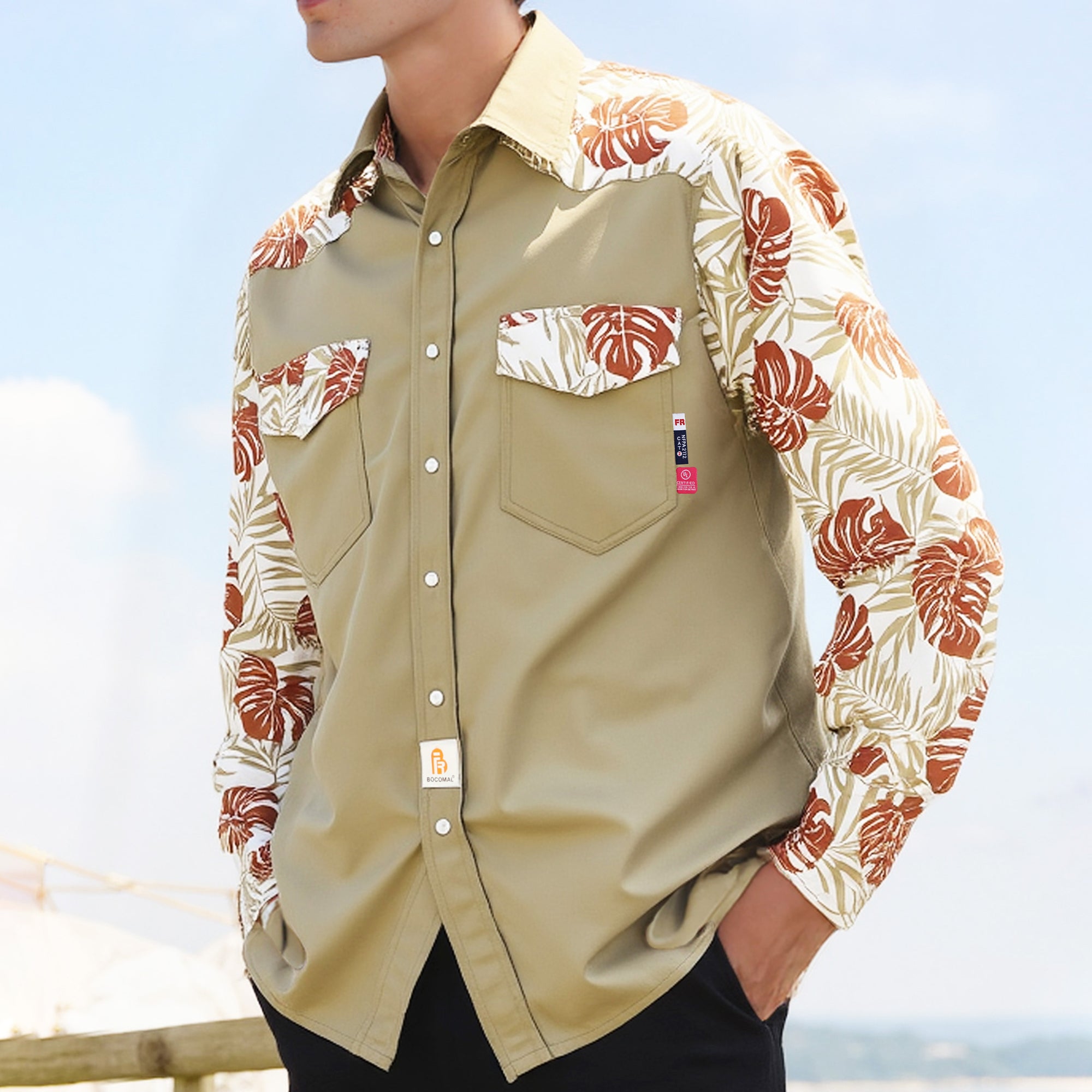 6.5OZ Pearl Snaps Two Tone Plaid/Solid Flame Resistant Cotton Welding Shirt-0907P