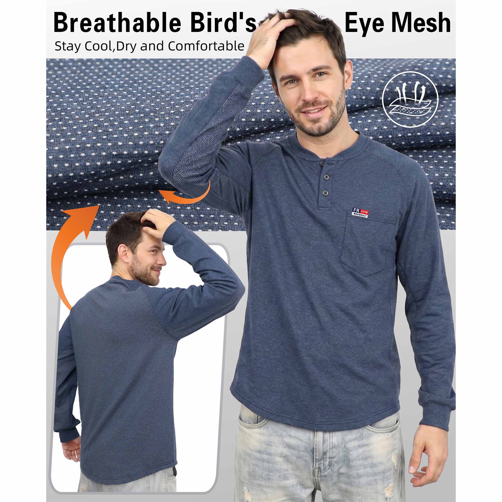 6OZ Henley Bird's-Eye Breathable Vented Mesh FR Tee-B535
