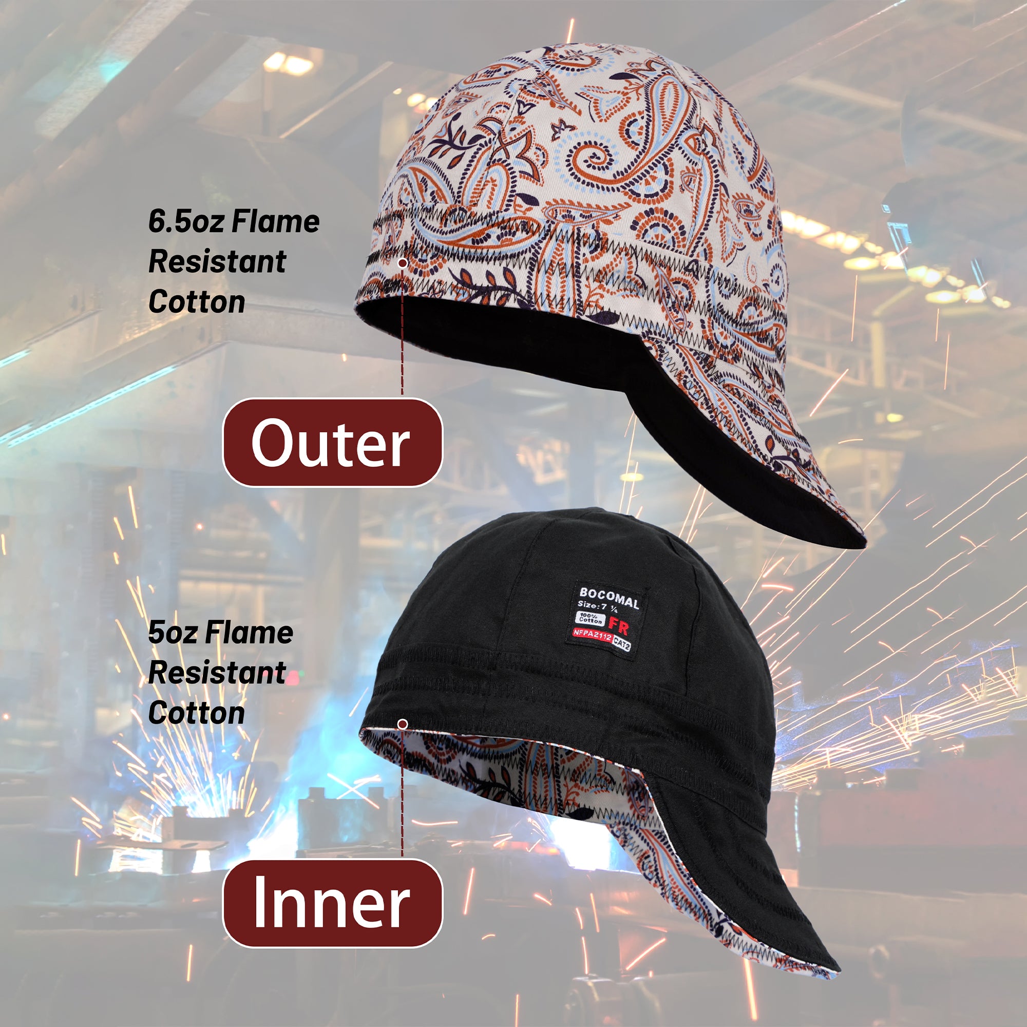 6.5OZ Mid-weight Cotton Twill Flame Resistant Paisley Printed Welding Cap - 4816S