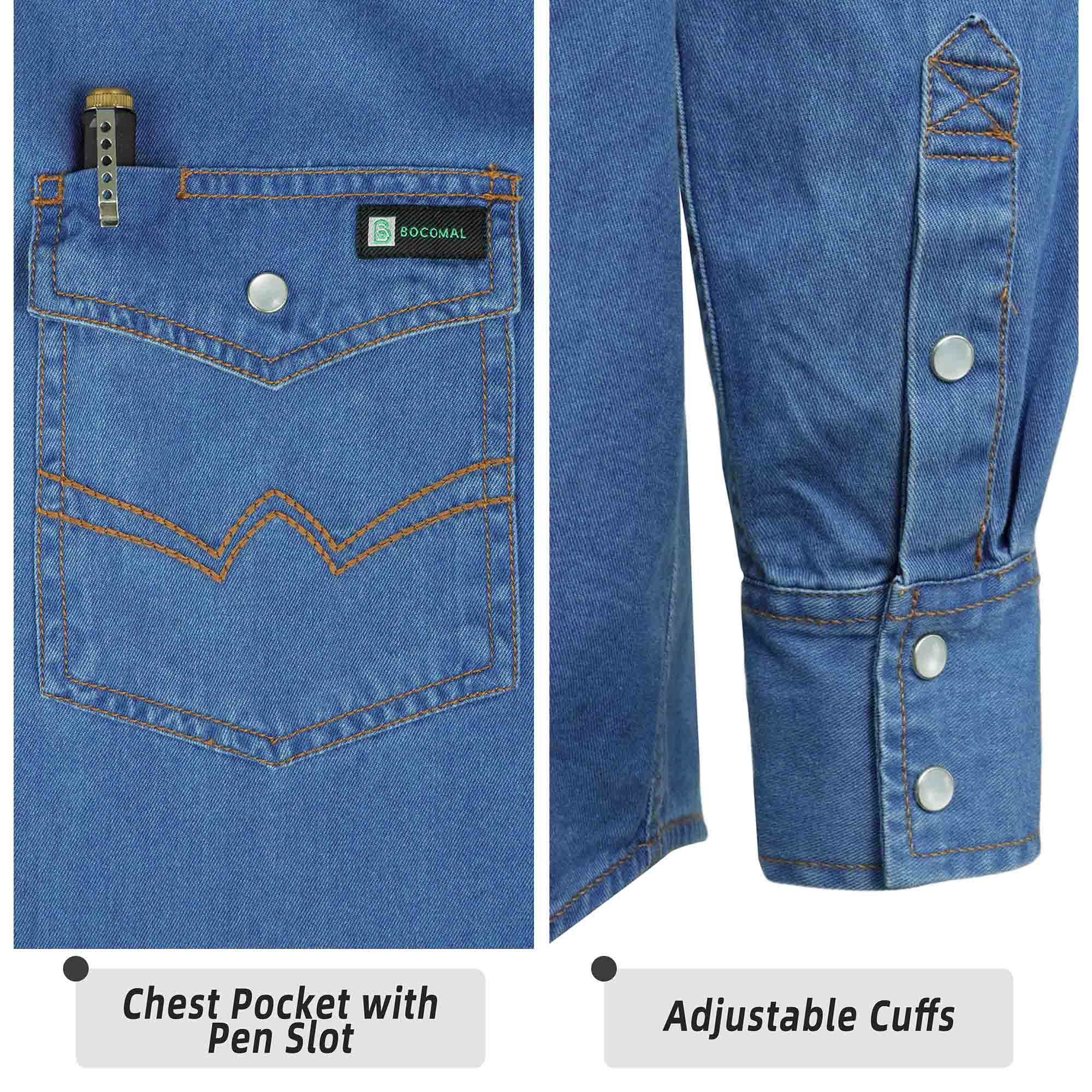 6.5OZ Work Shirts Vintage Washed Lightweight Soft Denim Pearl Snap Down-Relaxed Fit (Non FR)-0930