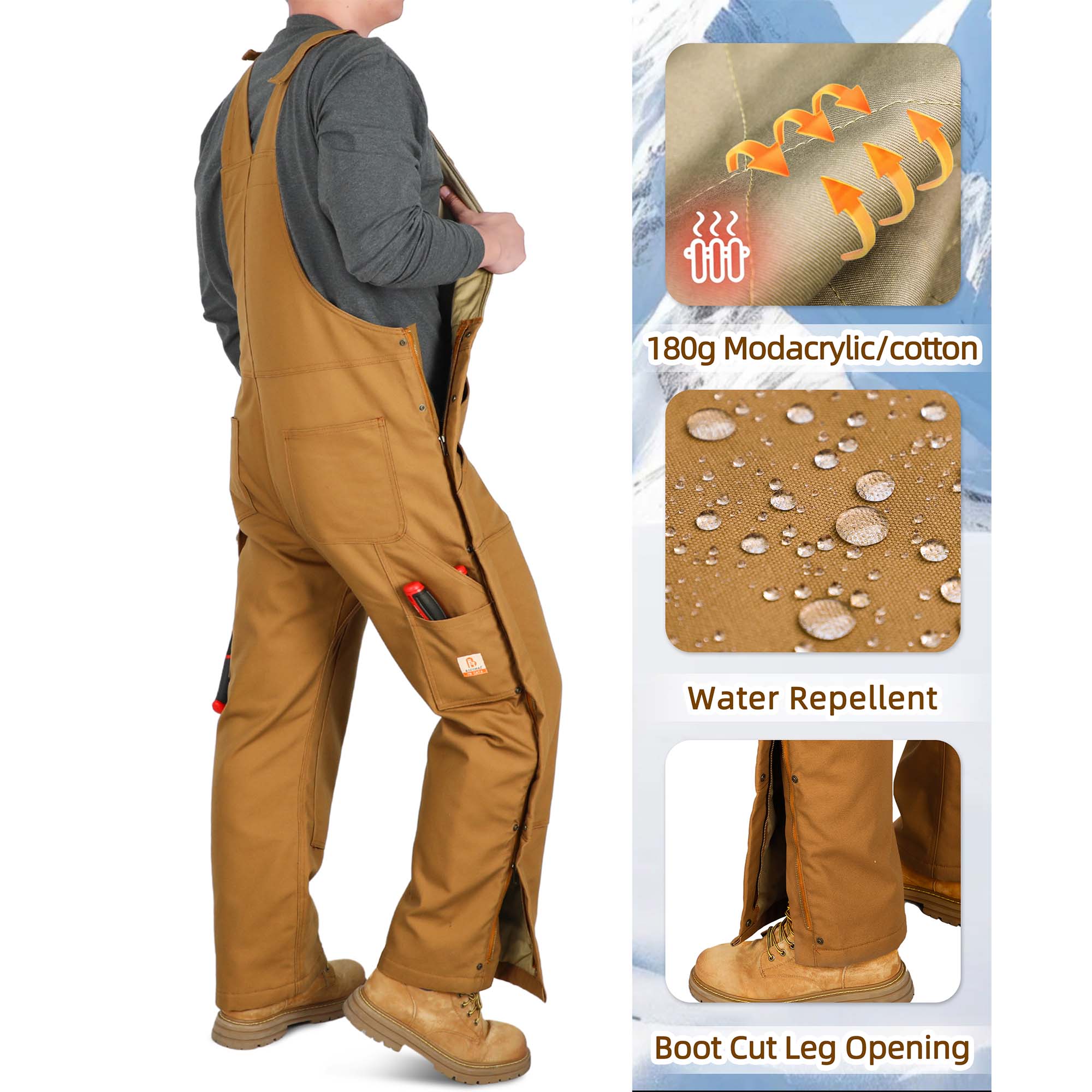 Insulated FR Bib Overalls with Thigh Zippers and Knee Pads for winter -8704