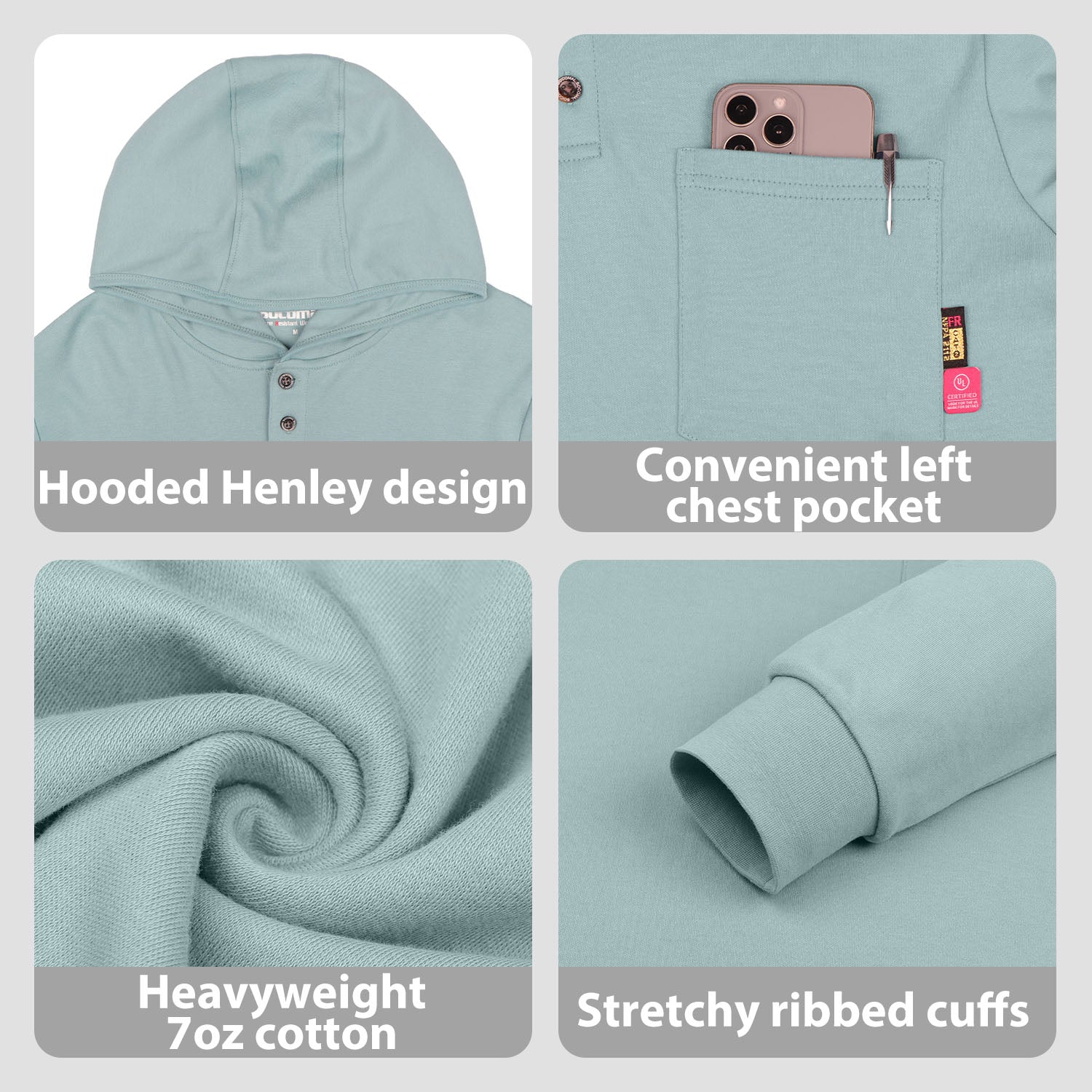 7OZ Cotton Flame-Resistant Hooded Henley T-Shirt - B103