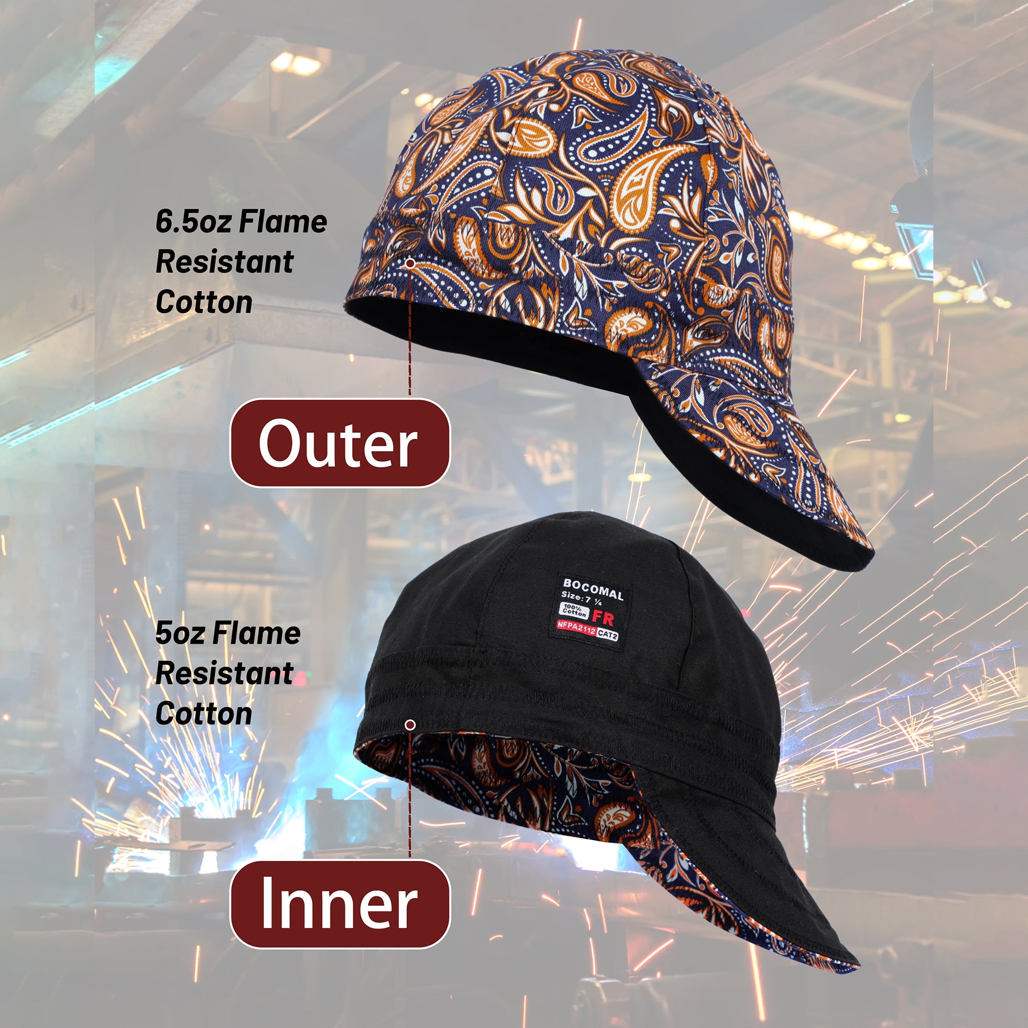 6.5OZ Mid-weight Cotton Twill Flame Resistant Paisley Printed Welding Cap - 4816S