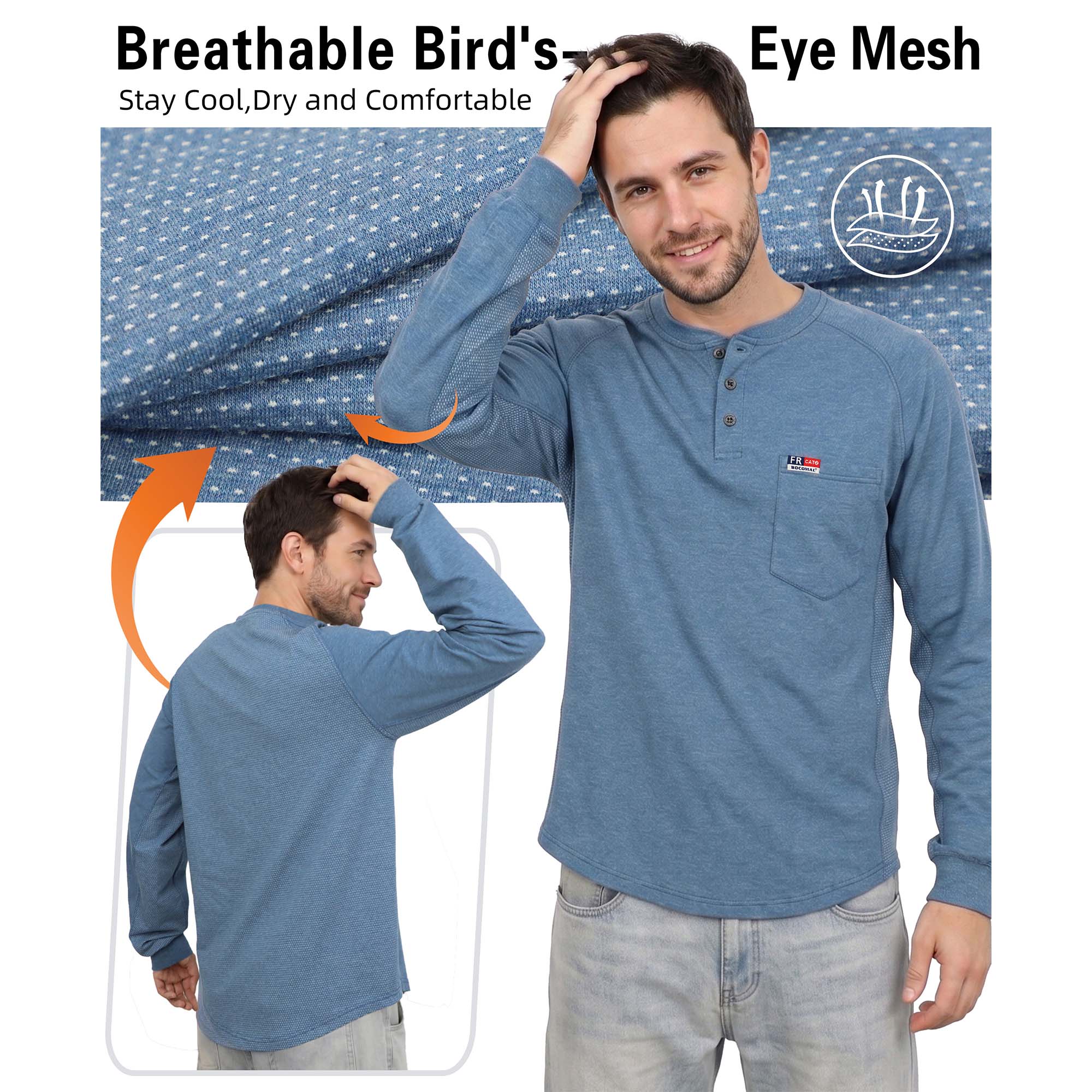 6OZ Henley Bird's-Eye Breathable Vented Mesh FR Tee-B535